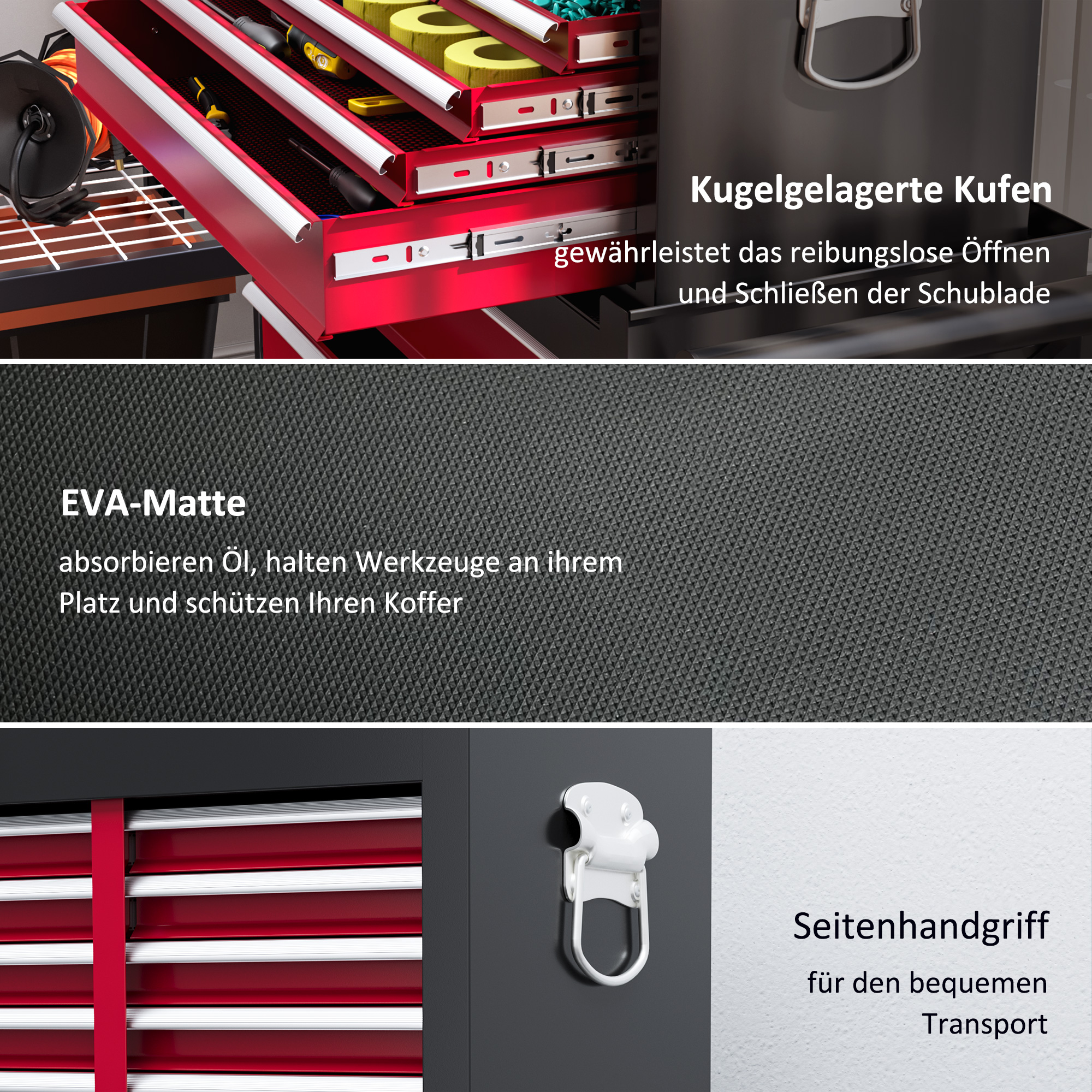 HOMCOM Gereedschapswagen, Tweedelig, Afsluitbaar, 14 Laden, Zijwand met Gaten, Staal, Rood