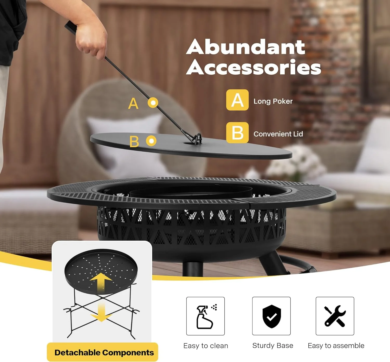 3-in-1 Fire Pit��35 in Wood Burning Firepits with Cooking Grill Grate Charcoal Pan Cover Lid, Metal Table for Backyard Bonfire BBQ Outdoor Camping Picnic(Single-Grill) - Image 7
