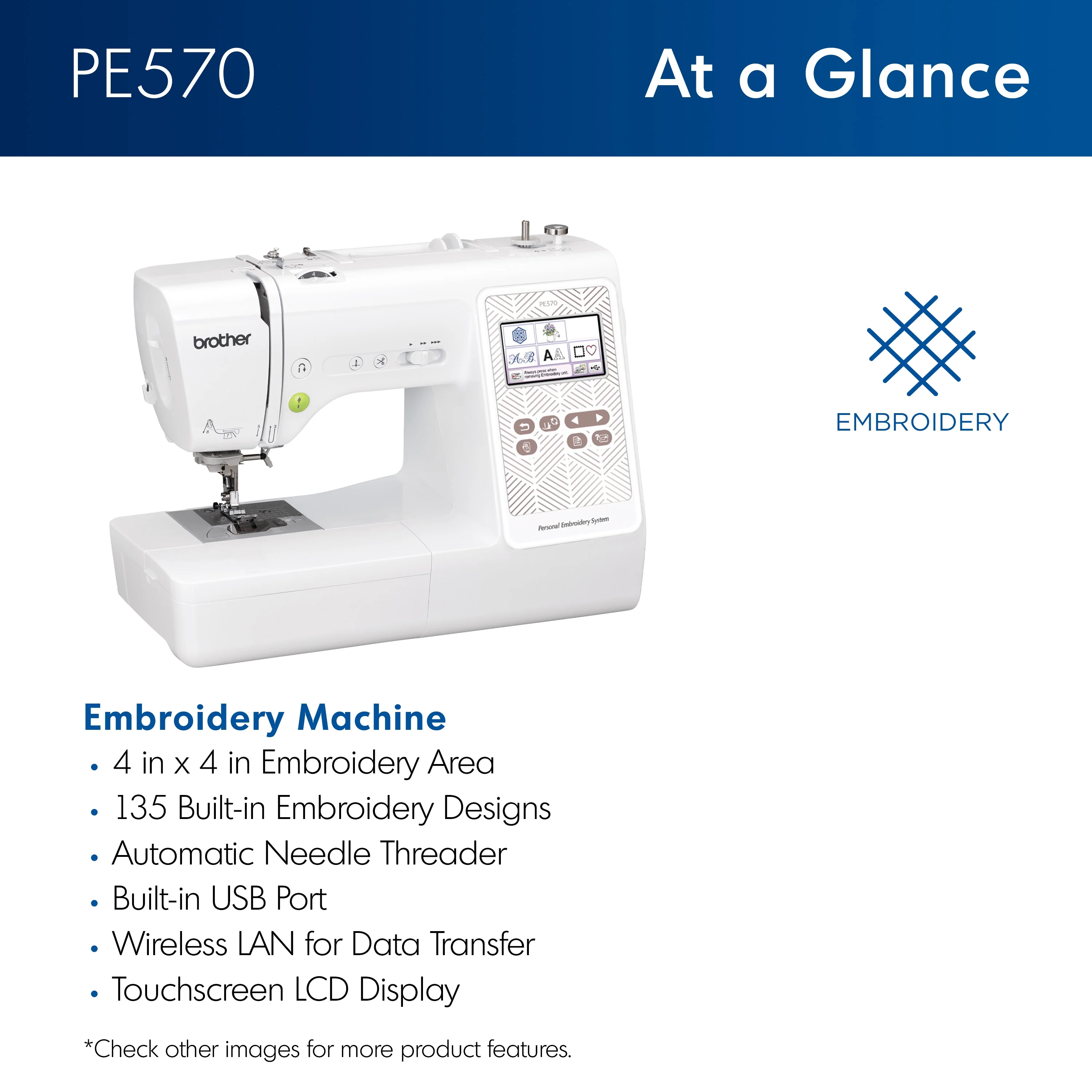 Brother PE570 Embroidery Machine with 135 Built - in Designs, Wireless Connectivity, and Artspira App Integration