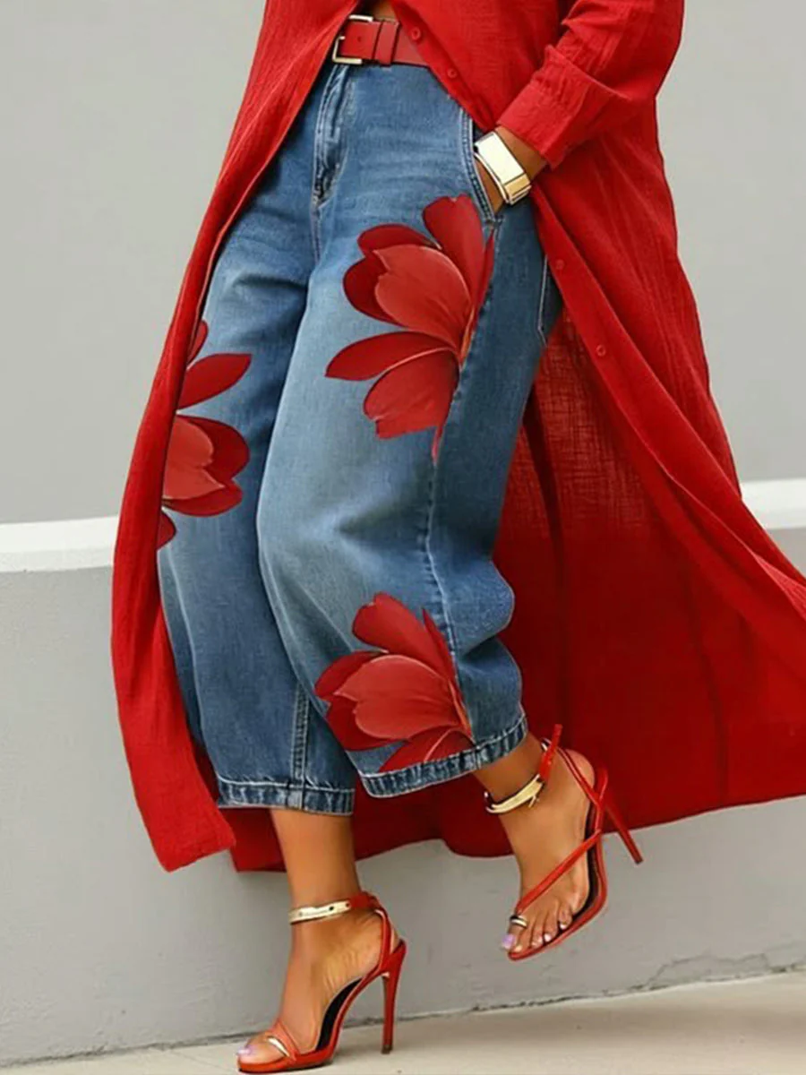 Jean en denim à imprimé artistique décontracté