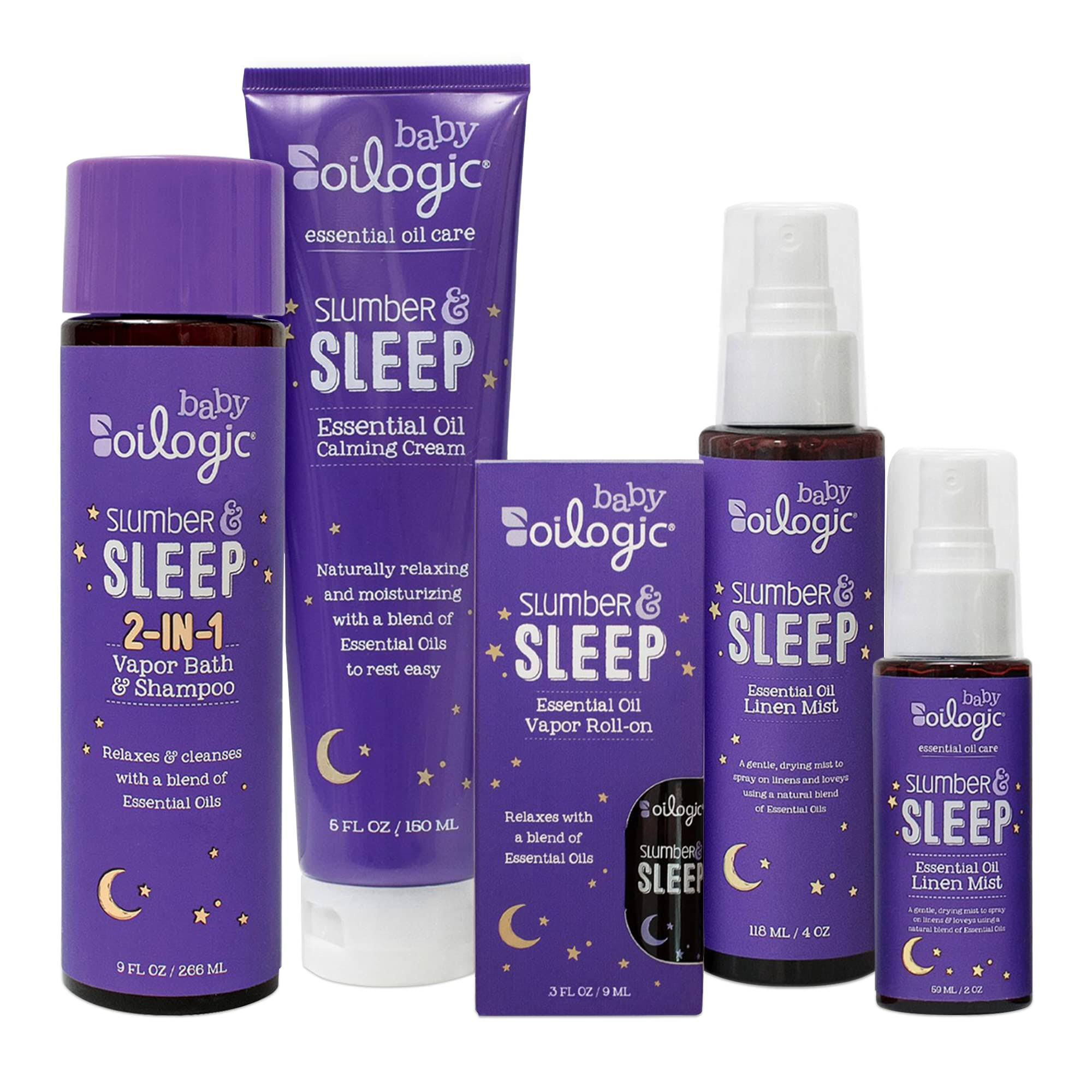 Oilogic Slumber & Sleep Baby Bath Essentials Gift Set, 5-Pack - Essential Oil Care Includes Roll-On, Calming Cream, Vapor Bath, and Two Linen Mist -