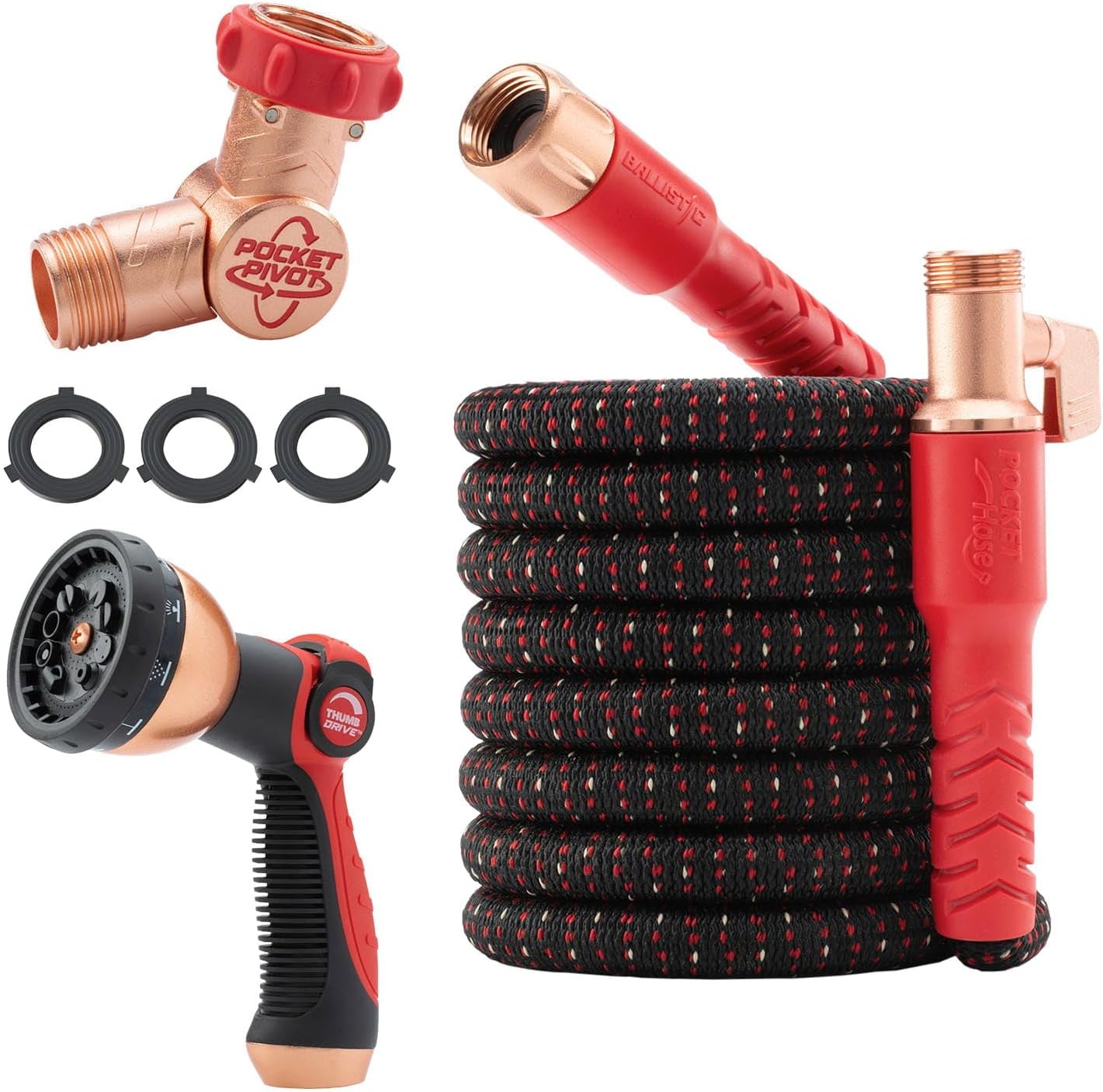 Pocket Hose Ballistic 50 FT Expandable Garden Hose, No-Kink, As Seen on TV| Anti-burst sleeve reinforced with bulletproof fiber, 360° swiveling pocket pivot connector, lightweight compact design