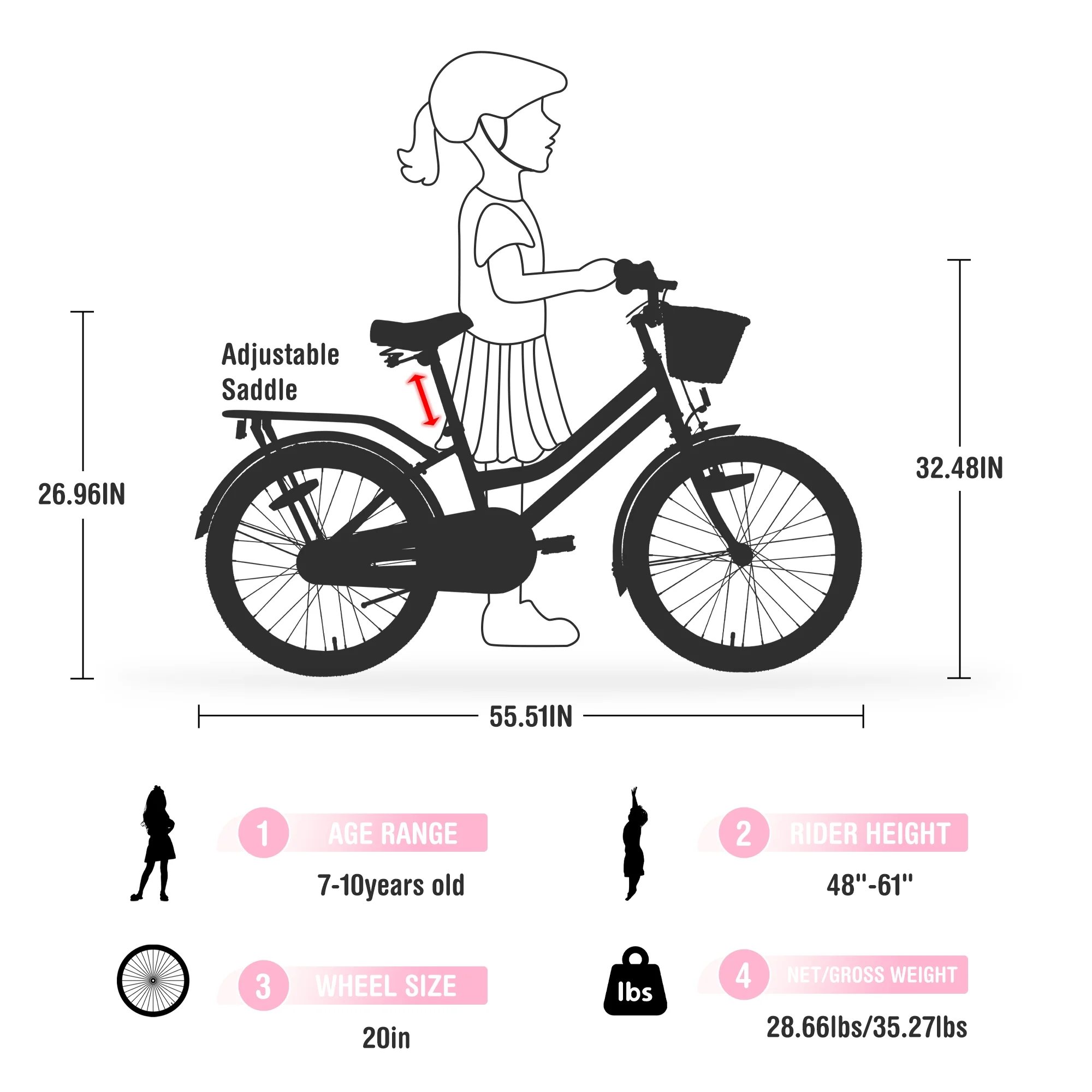 20" Kids Bike Girls Bike with Basket Single Speed Steel Frame Children Bicycle for 7 10 Years, Pink(Pink) Image 8