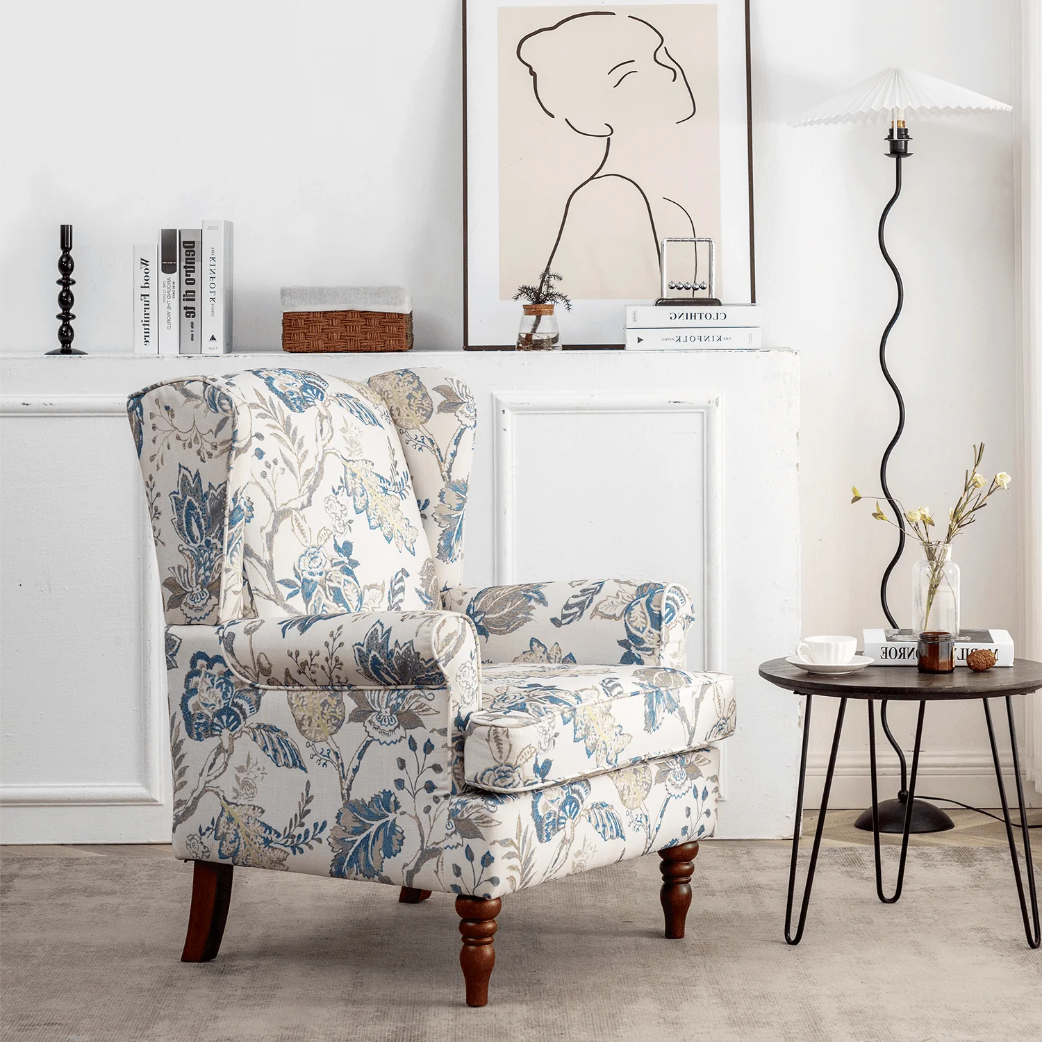 Upholstered Accent Chair, Floral Print Fabric Armchair,Blue(Blue) Image 2