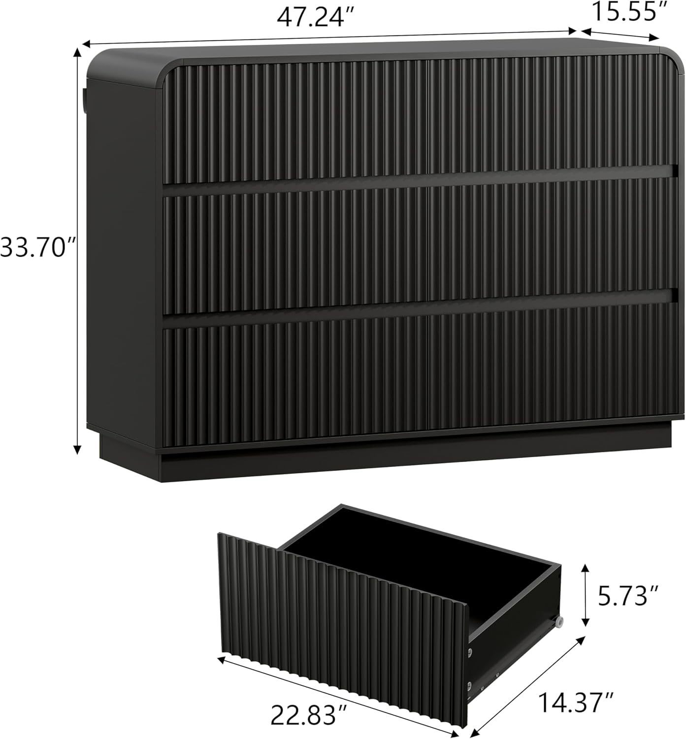 Black Dresser Fluted 6 Drawers Dresser for Bedroom, 47