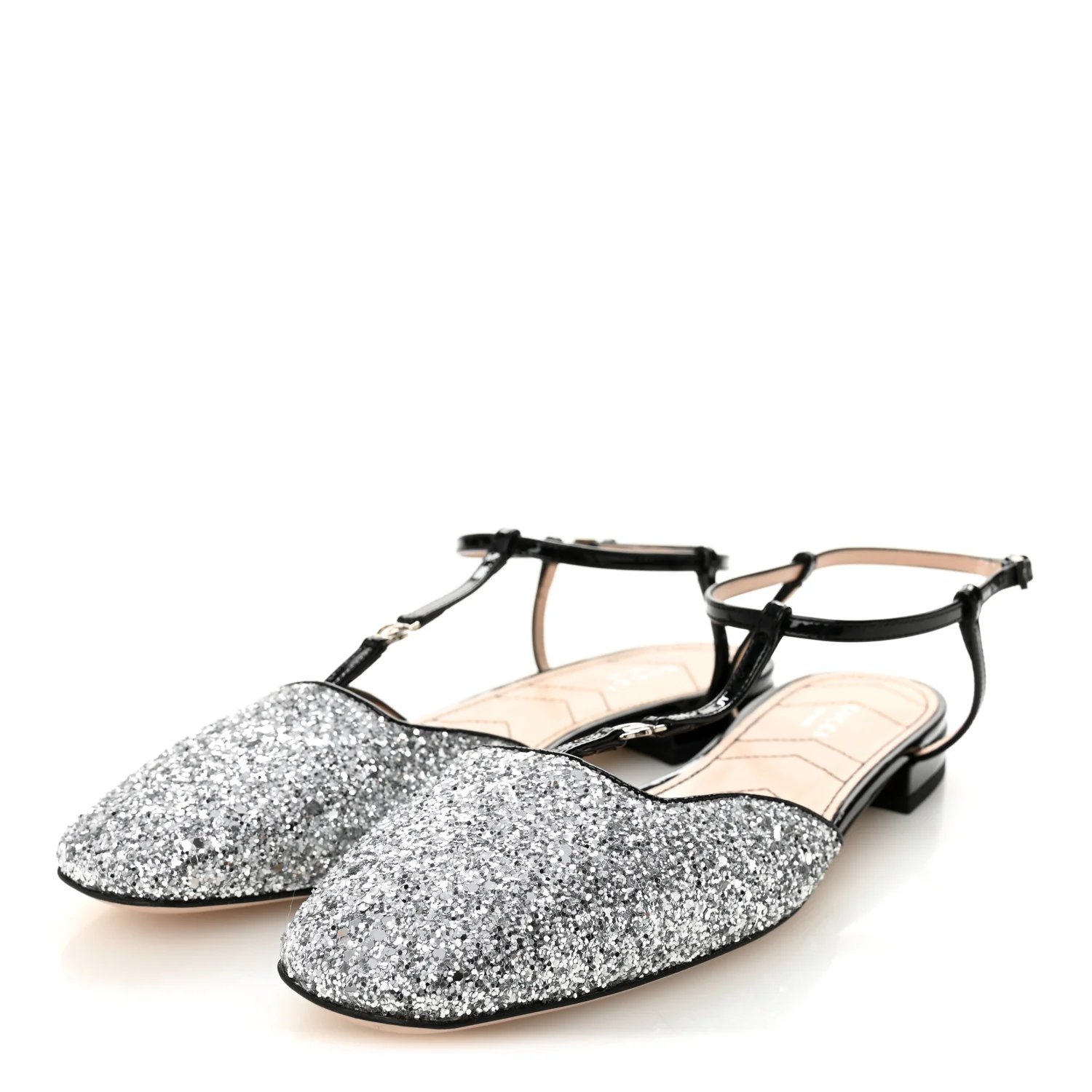 Calfskin Glitter Double G Slingback Flats 39 Silver Black