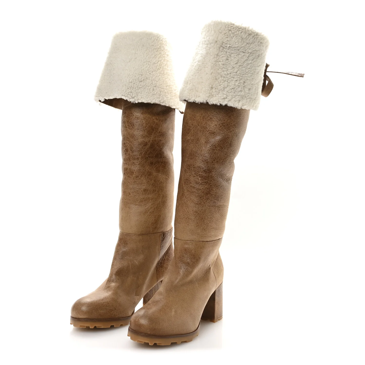 Shearling Calfskin Knee High Heel Boot 38.5 Brown