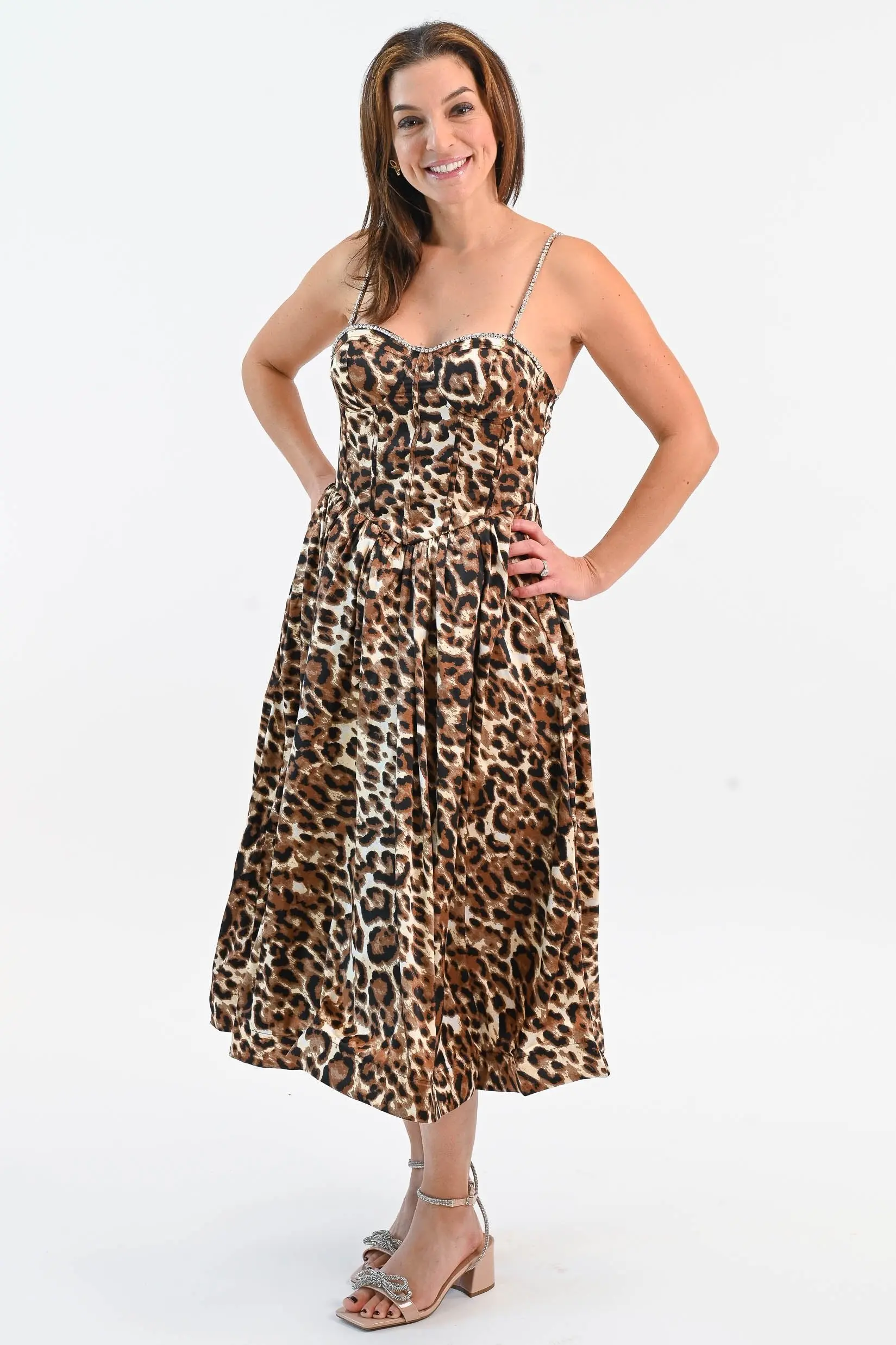 That Don't Impress Me Much Leopard Midi Dress with Rhinestone