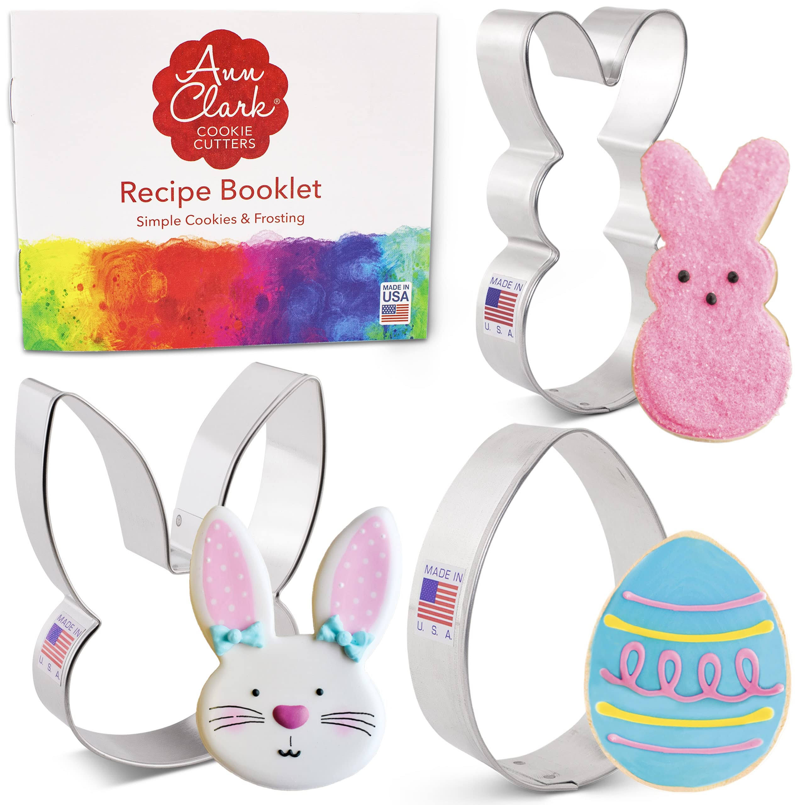 Ann Clark Cookie Cutters 3-Piece Easter Cookie Cutter Set with Recipe Booklet, Easter Bunny, Egg and Rabbit Head