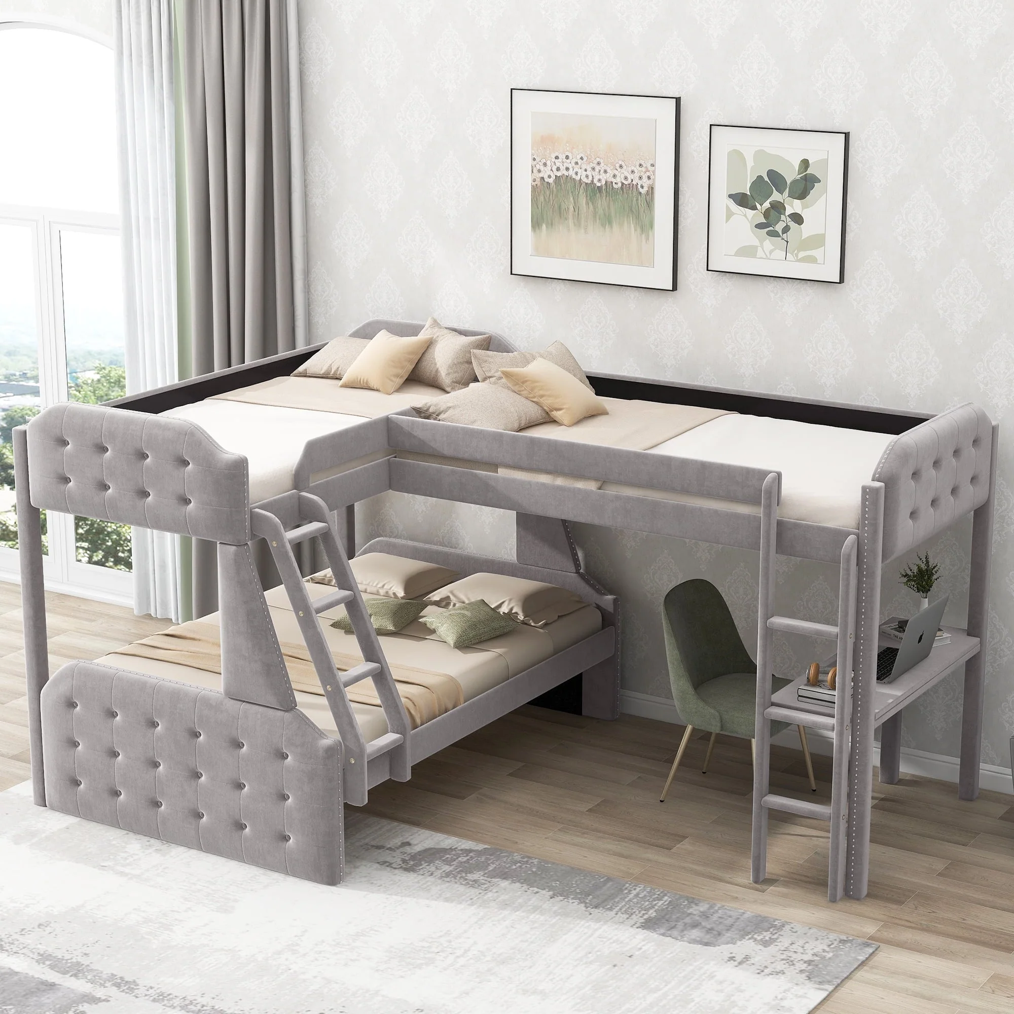 Upholstery L Shaped Twin over Full Bunk Bed and Twin Loft Bed with Desk for Kids Bedroom, Gray Image 3