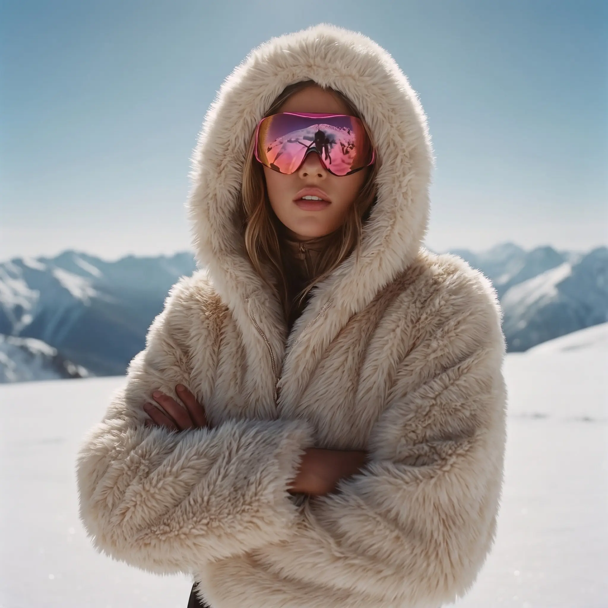 Woman wearing a hooded cream faux fur coat and ski goggles in the snowy mountains