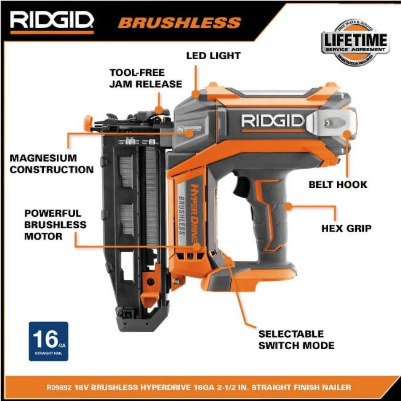 Ridgid Hyperdrive 16 Gauge 18v Brushless 2 - 1/2 In. Straight Finish Nailer