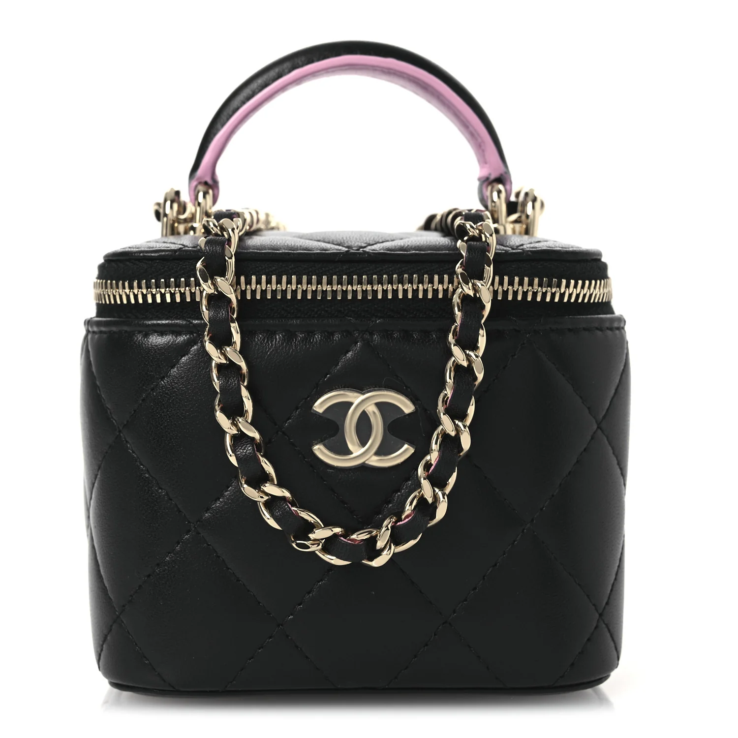 Lambskin Quilted Top Handle Mini Vanity Case With Chain Black Pink