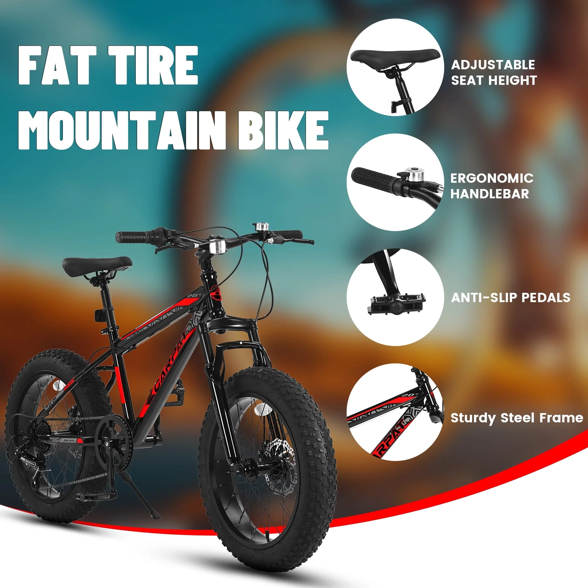 Ecarpat 20 Inch Fat Tire Kids Mountain Bike Shimano 7 Speed Dual Disc Front Suspension Bicycle for Boys Girls.