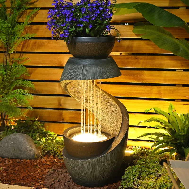 Outdoor Water Fountain Modern Curved Waterfall S-Shaped Freestanding Fountain with Bowl Planter for Patio Deck Garden Yard Home Decor - Image 6
