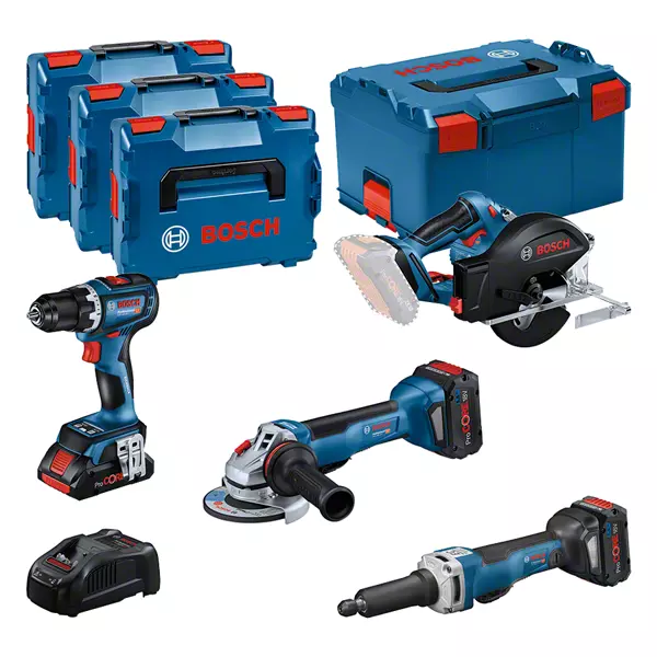 Kit combiné Bosch 4 outils 18 V : GSR 18V-90C + GWS 18V-15 PSC + GKM 18V-50 + GGS 18V-23 PLC + 1 batterie 4,0 Ah (Procore) + 2 batteries 5,5 Ah (Procore) + GAL 1880CV (L) Professionnel