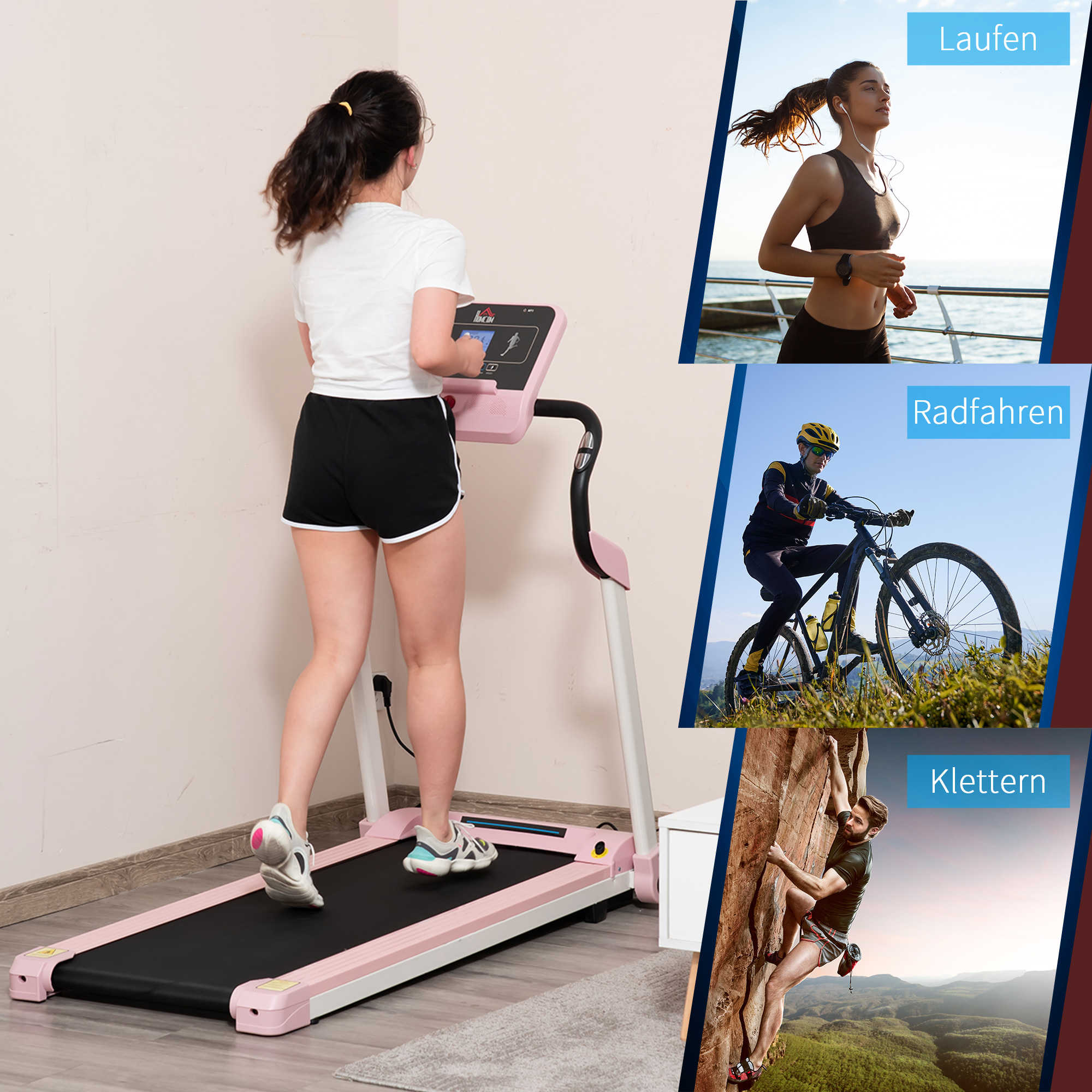 HOMCOM loopband opvouwbaar elektrisch 400 W 1-12 km/u 1.5HP mobiele telefoon houder roze