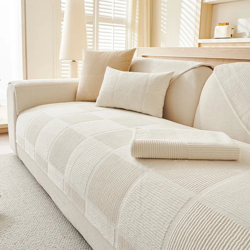 Plush Cream Geometric All Seasons Non-Slip Couch Cover