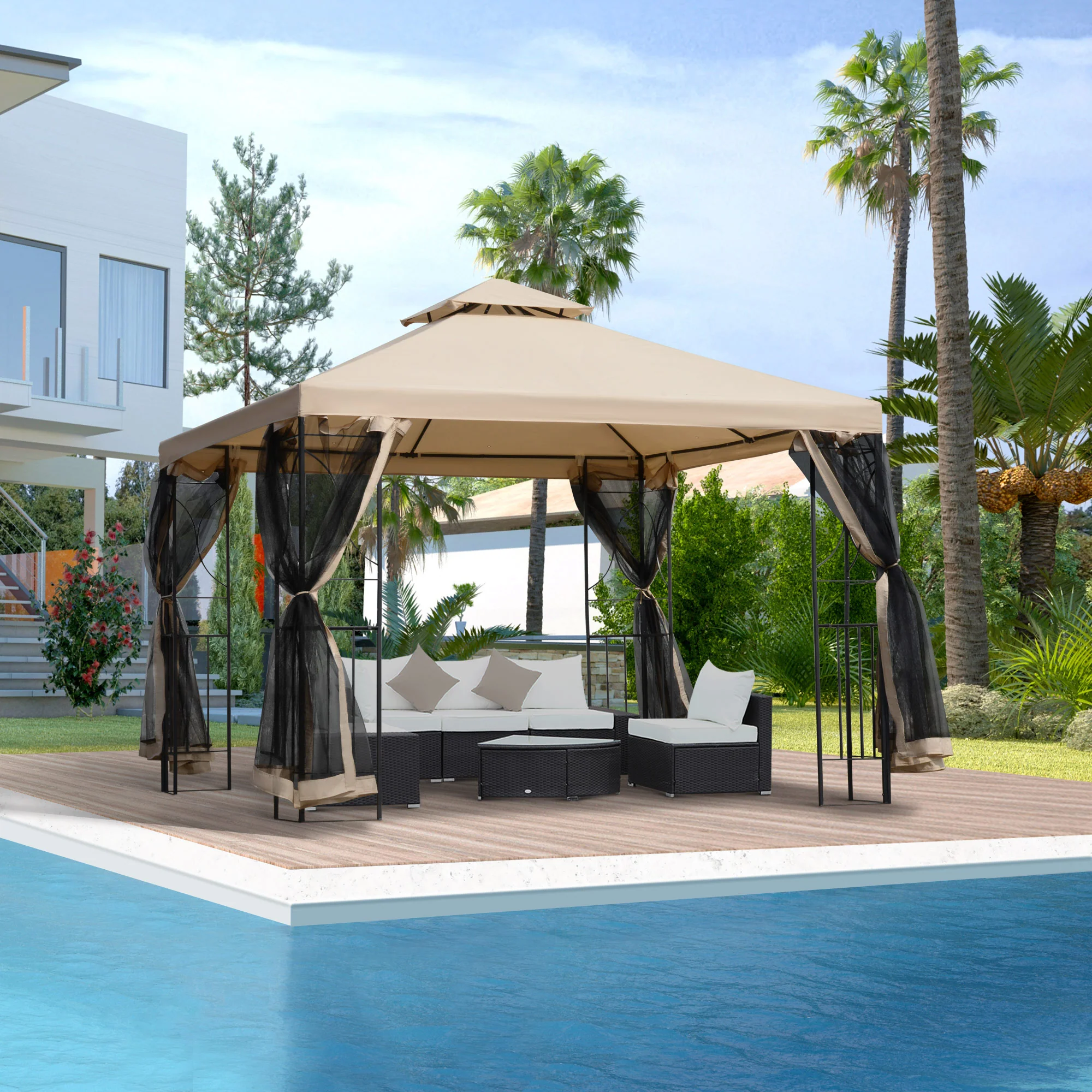 Outsunny Gartenpavillon Doppeldach mit Ablagen und Netz-Seitenwänden