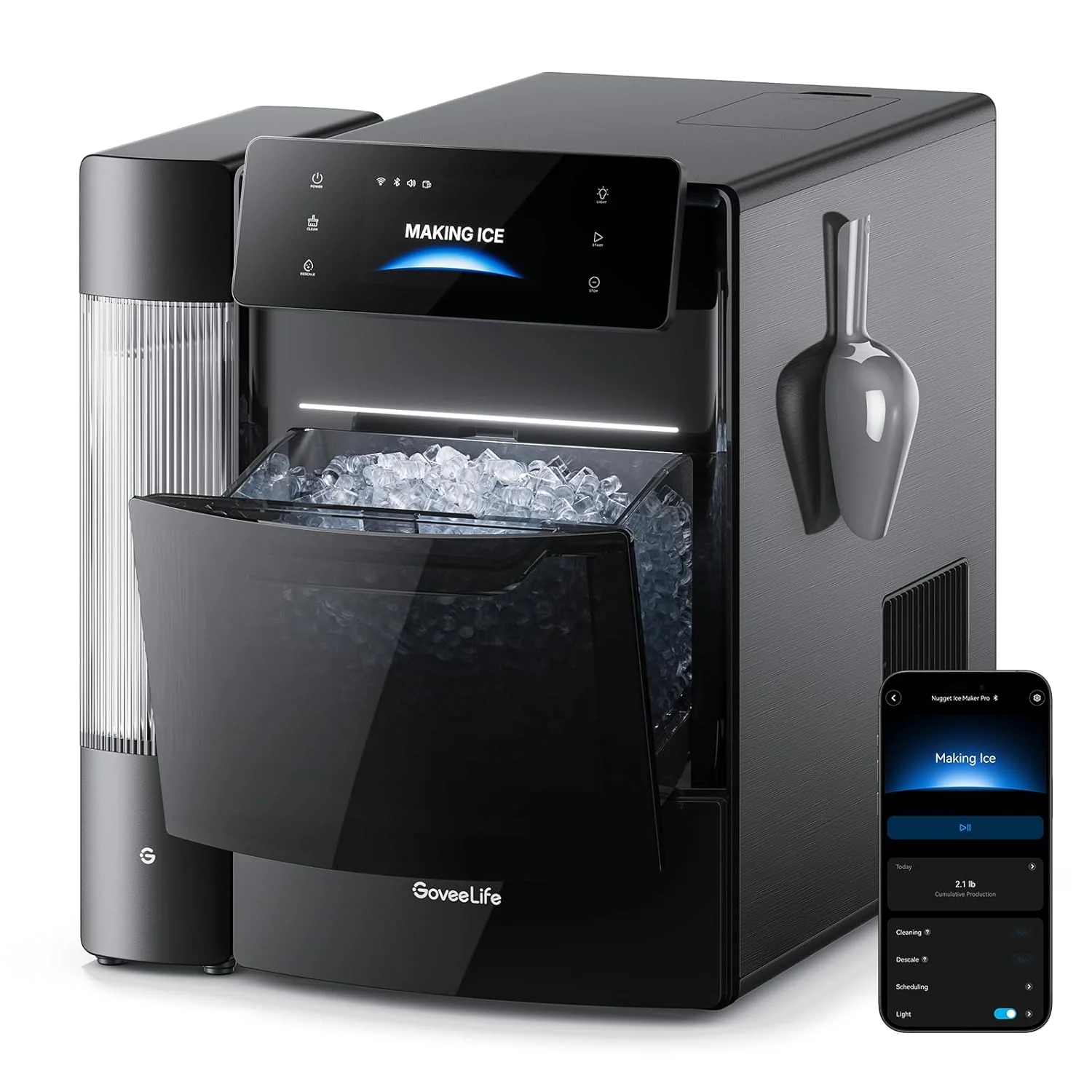 Machine à glaçons GoveeLife Smart Nugget Pro, capacité de 27 kg par jour, premiers glaçons en 6 minutes, ultra-silencieuse (40 dB) grâce à la technologie IA NoiseGuard, application et commande vocale, autonettoyante, panier de 1,6 kg et double réserv