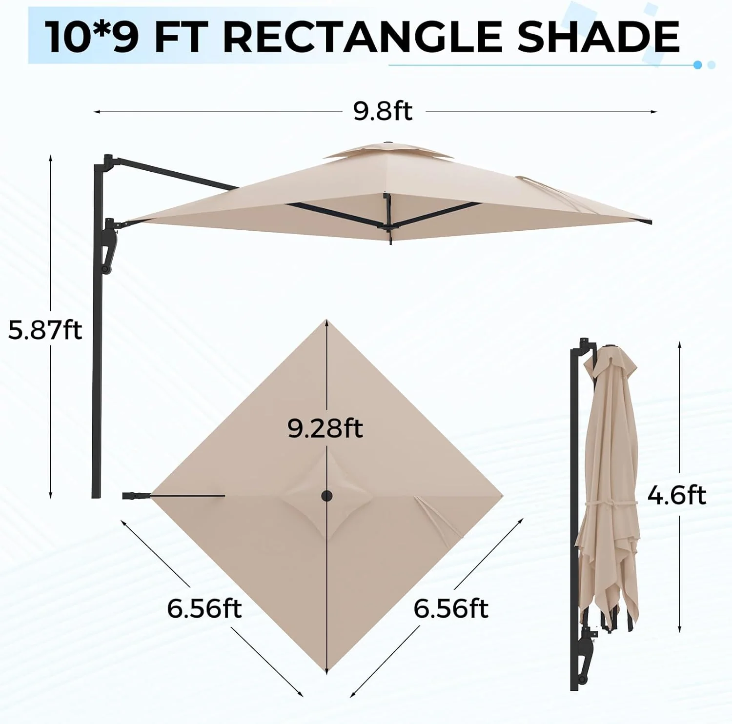 AECOJOY 10ft Cantilever Patio Umbrella, Large Rectangle Umbrella 180° Rotation Offset, Beige
