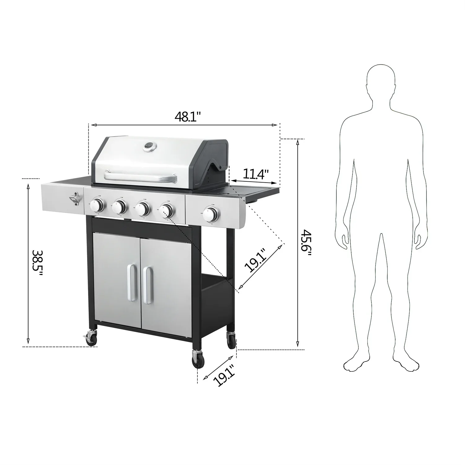 HighSound 3 Burner BBQ Propane Gas Grill, Stainless Steel 25650 BTU Patio Garden Barbecue Grill with Wire Enamel Cooking Grids & Foldable Shelves, Black
