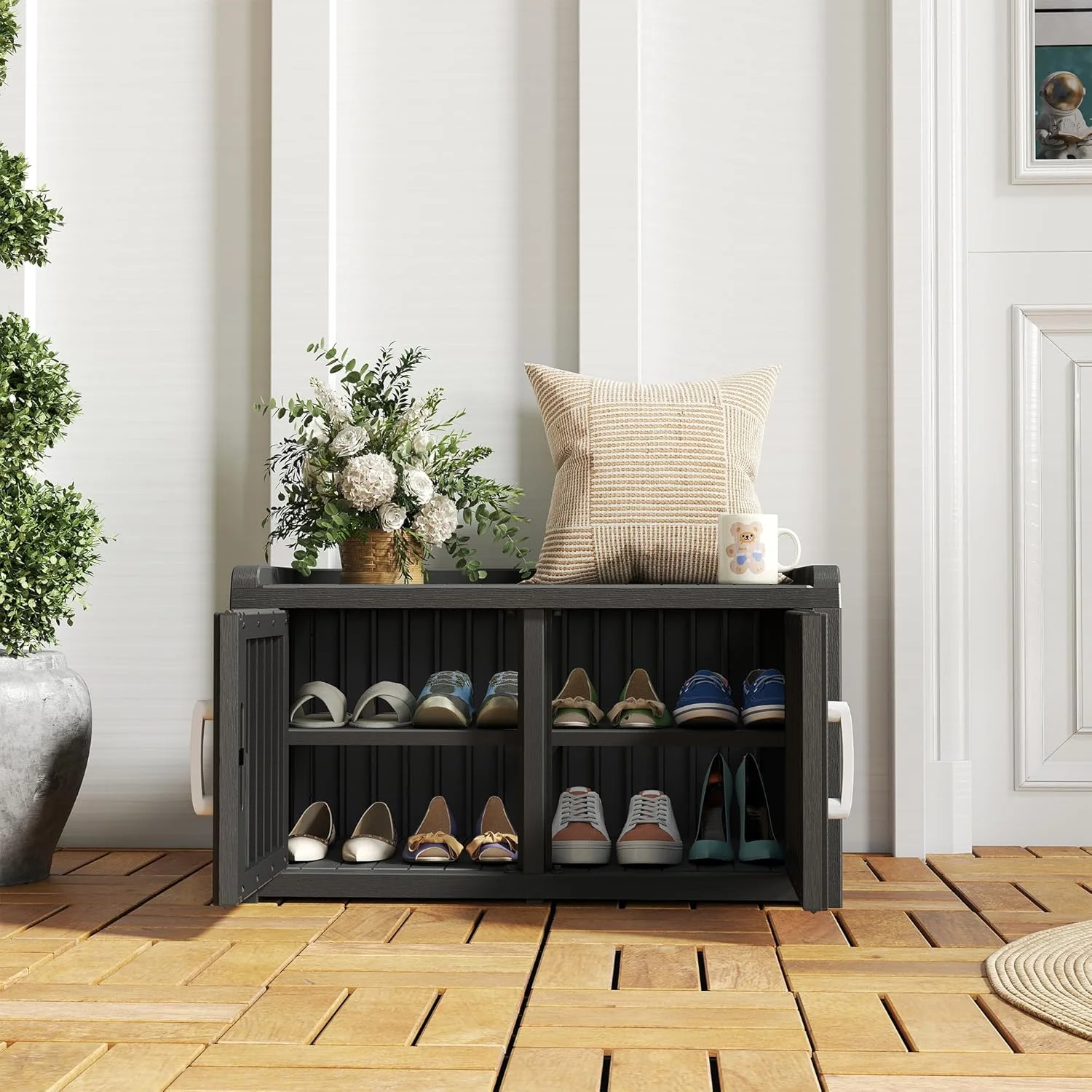 KAMABOKO Outdoor Shoe Storage Cabinet, Waterproof UV - Resistant Entryway Storage Bench Indoor Outdoor with 2 Barn Doors, Adjustable Shelves for Entryway, Bedroom, Hallway, Living Room(Black)