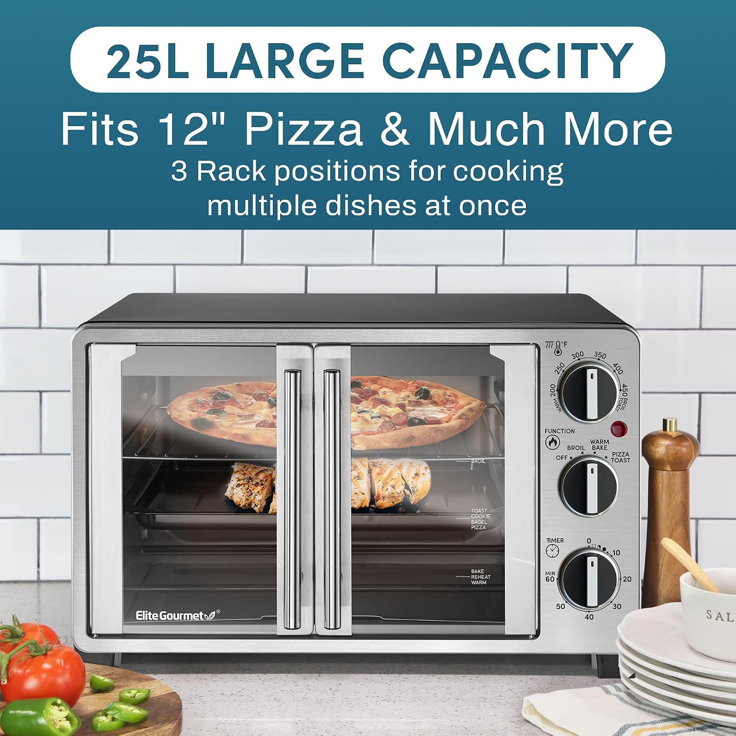 Elite Gourmet ETO2530M Double French Door Oven, 25L, 12