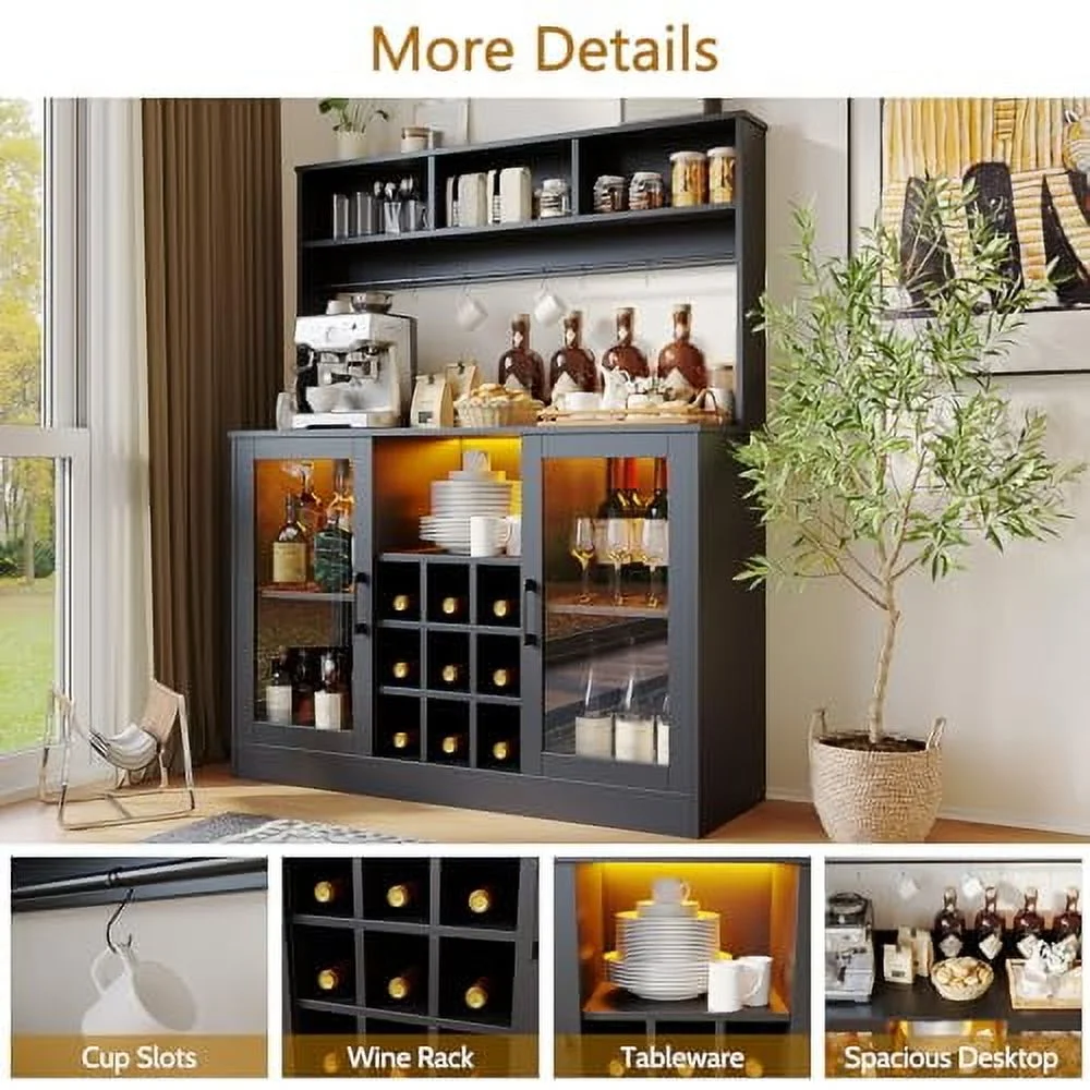 Coffee Bar Cabinet Wine Bar Cabinet with Power Outlet, 6 Hooks,9 Wink Racks and Adjustable Shelf, Liquor Cabinet Bar with LED Light, Buffet Sideboard with Storage Shelf for Kitchen, Black(Black) - Image 5