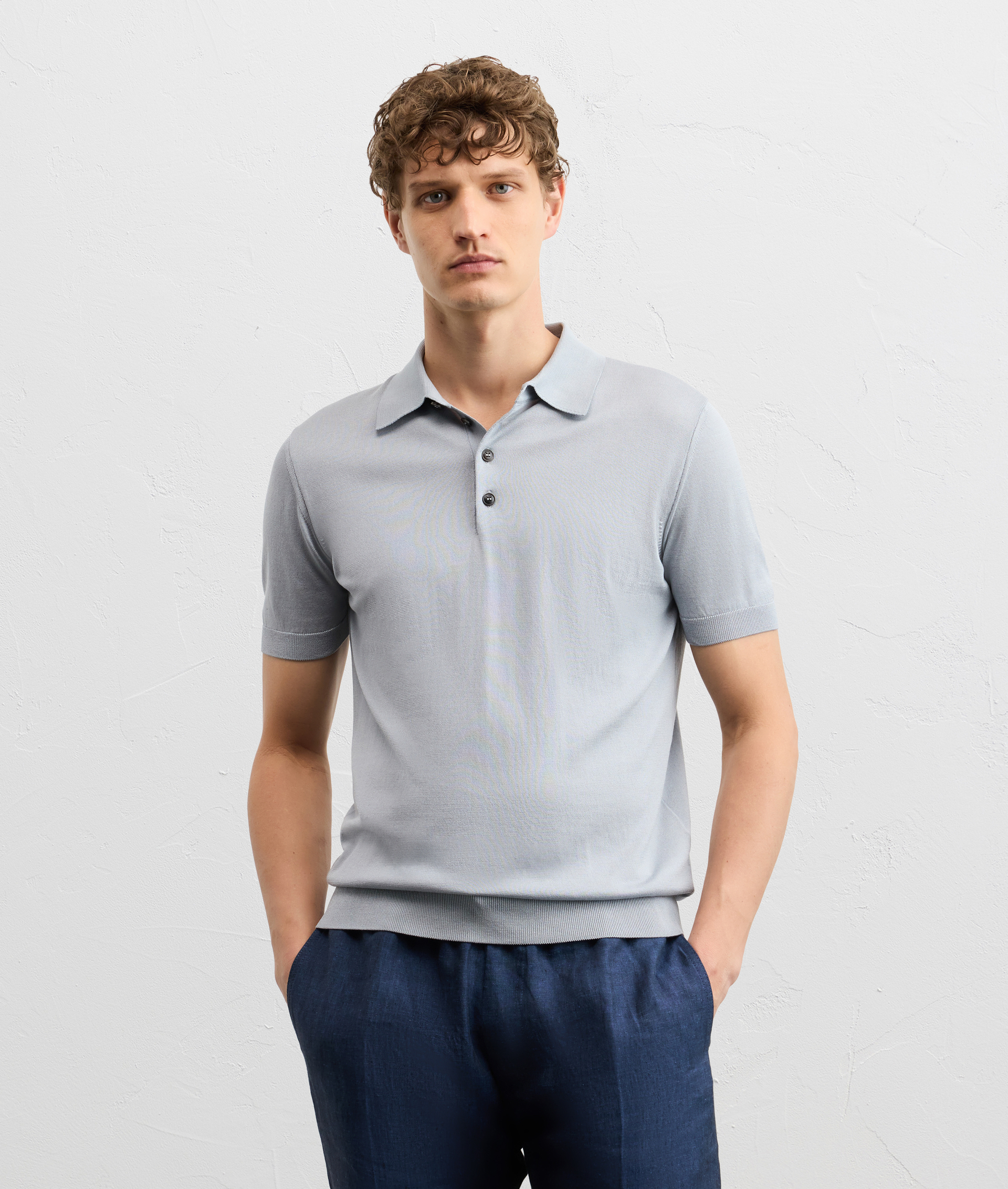 LIGHT GREY SILK AND COTTON SHORT-SLEEVED KNITTED POLO SHIRT