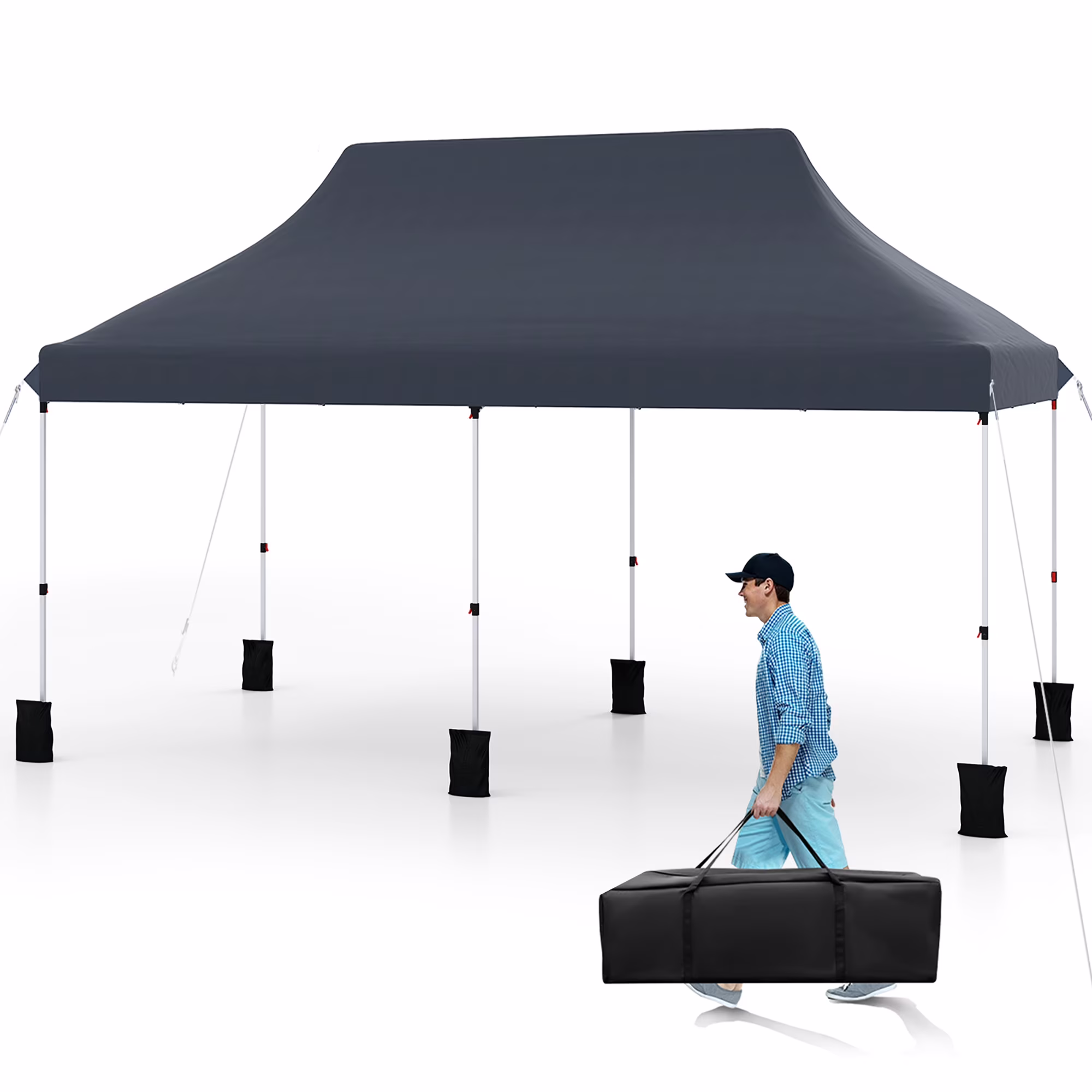 Gymax 10 x 20FT Pop-up Canopy Tent Folding Instant Sun Shelter w/ 3 Adjustable Heights Blue(Blue)