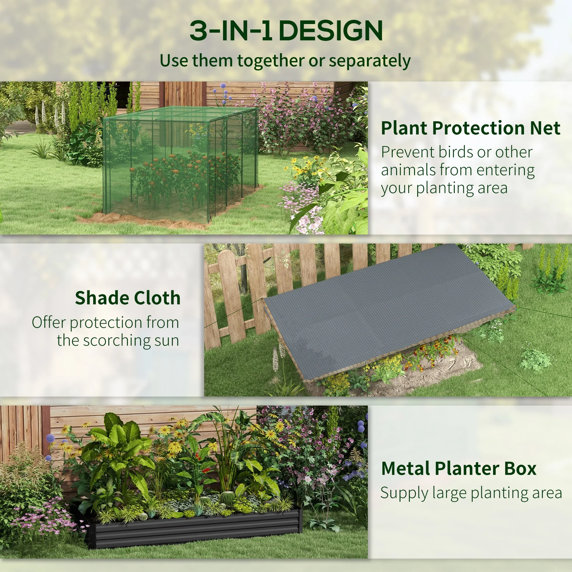 Outsunny Galvanized Raised Garden Bed with Crop Cage & Shade Cloth, Beige