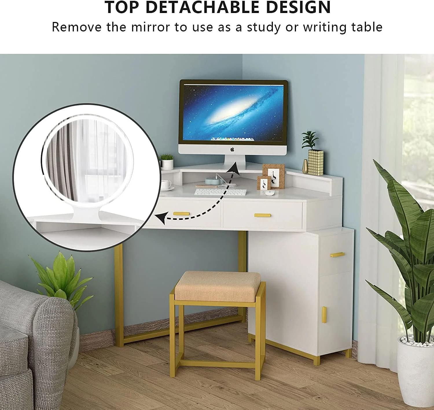 Corner Vanity Set with Lighted Mirror, Makeup Vanity Dressing Table with Drawers, Cabinet and Cushioned Stool, Girls Vanity Desk for Bathroom, Bedroom, White by TZUTOGETHER Image 4