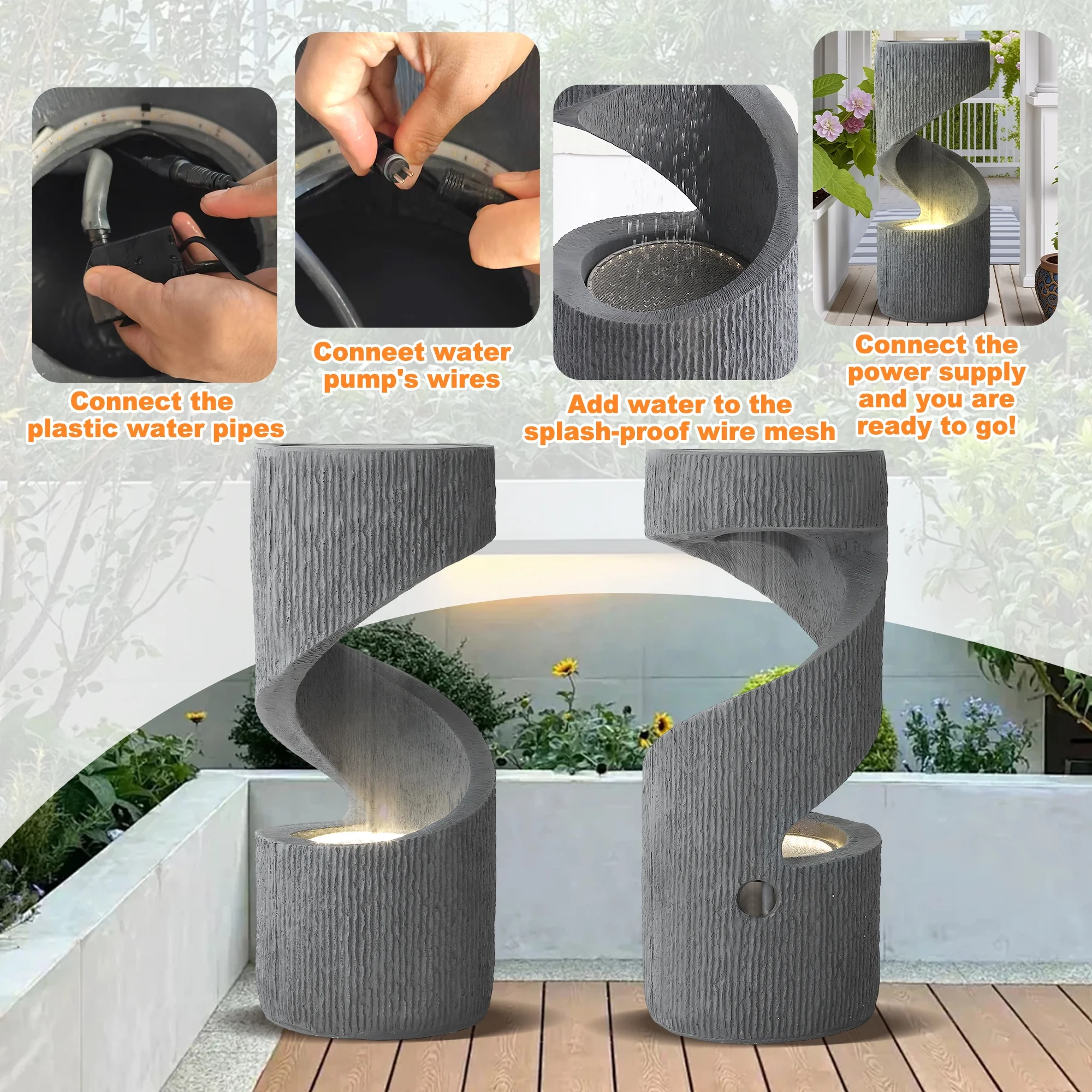 Outdoor S-Shaped Water Fountain, Spiral Waterfall Indoor Fountain Outside Garden Decor with LED Lights Pump, Curved Patio Resin Fountains for Yard, Deck, Porch and Home Decorations - Image 4