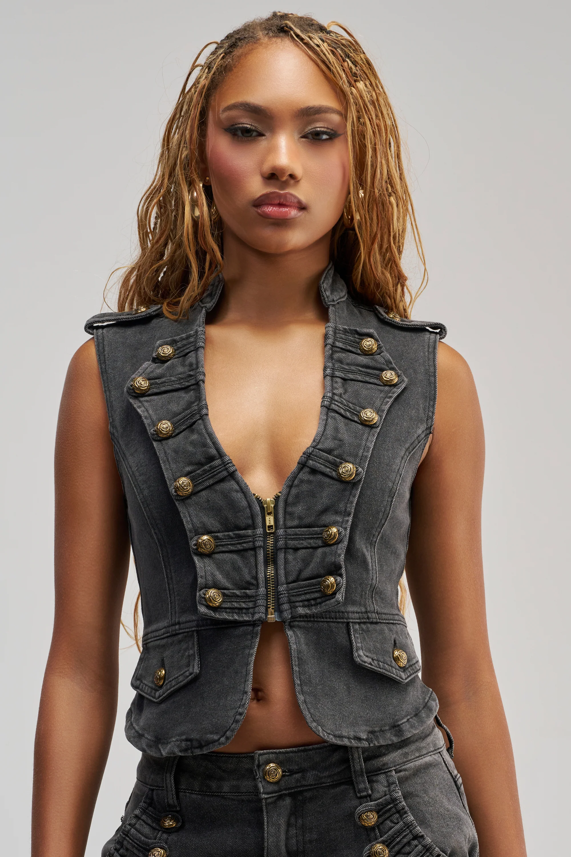 AHEAD OF THE CURVE MILITARY DENIM TOP - Akira Store