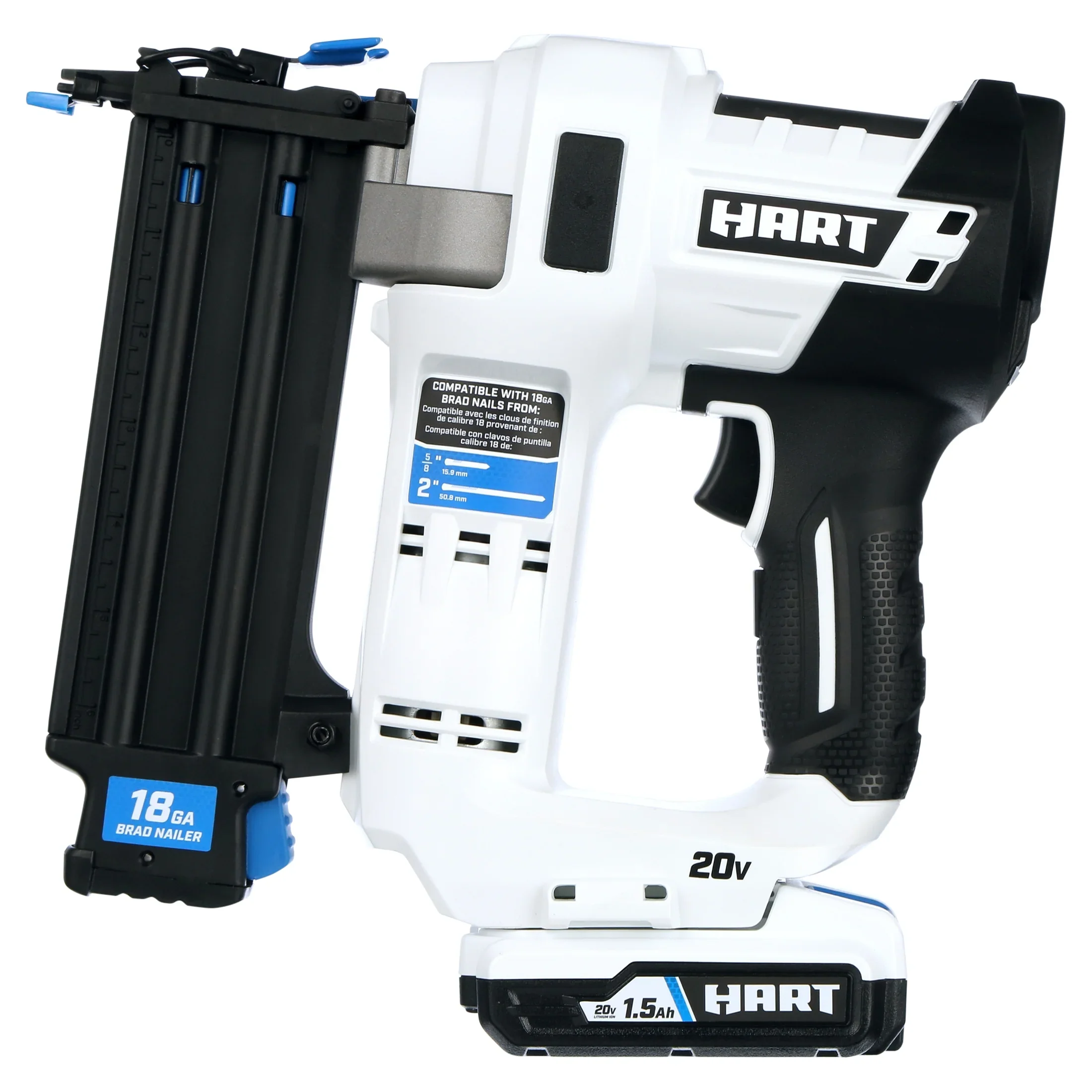 HART 20-Volt 2-inch 18-Gauge Battery-Powered Brad Nailer Kit, (1) 1.5Ah Lithium-Ion Battery