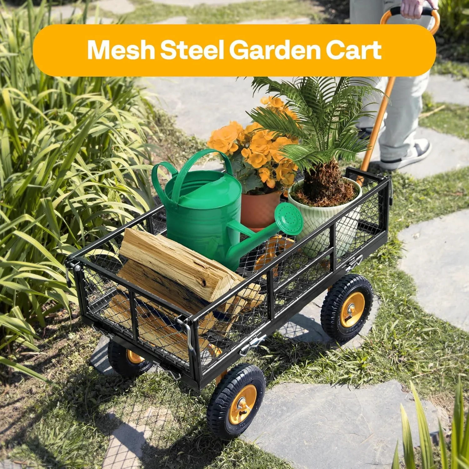SPECSTAR Mesh Steel Garden Cart with Removable Sides, 34��18 with 8 inch Wheels, 550 Lbs Capacity (Green)