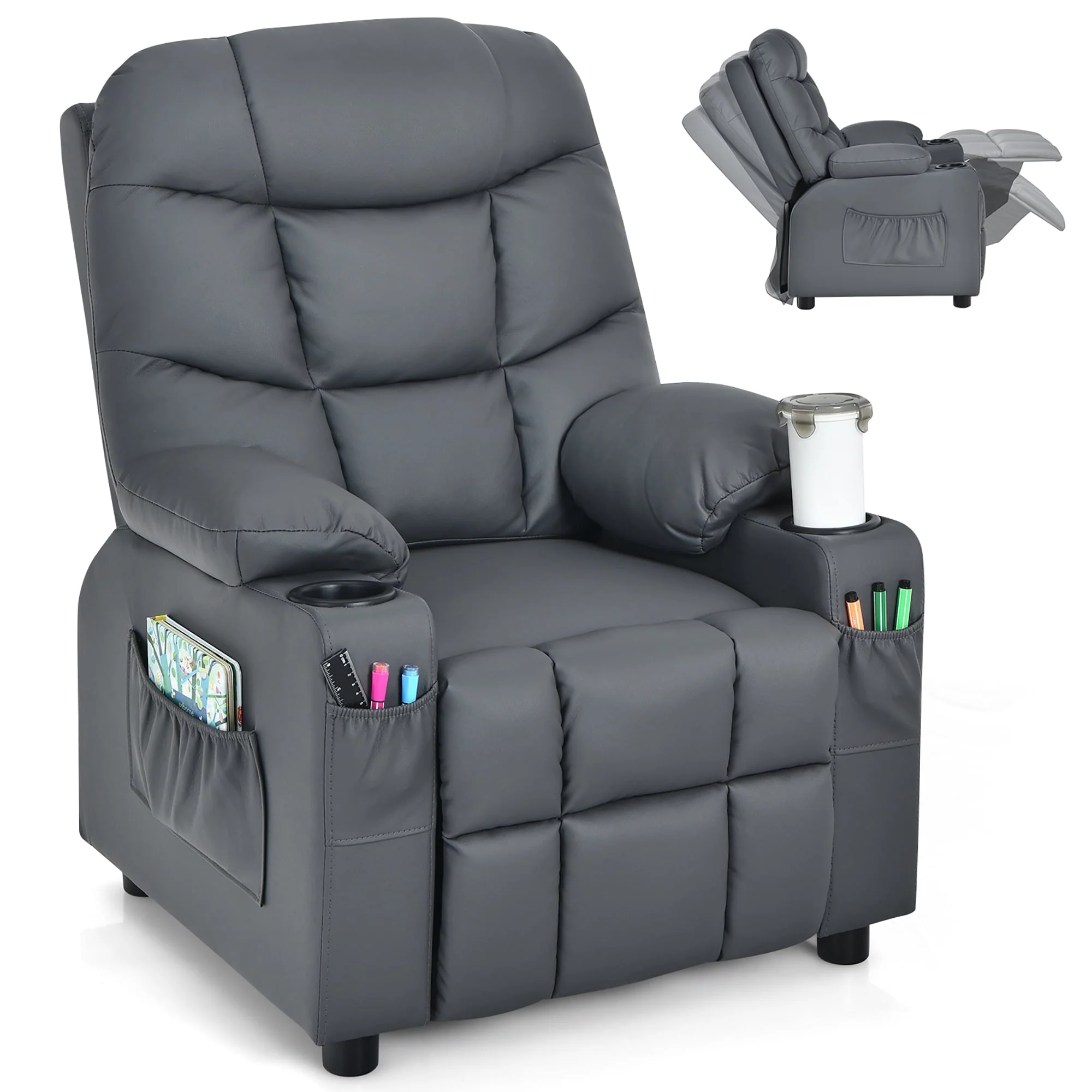 Kids Youth Recliner Chair PU Leather w/Cup Holders Side Pockets Grey(Beige) - Image 2