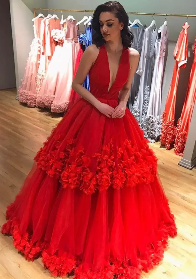Charming Deep V Neckline Layered Tulle Red Prom Dresses Ball Gowns DM892