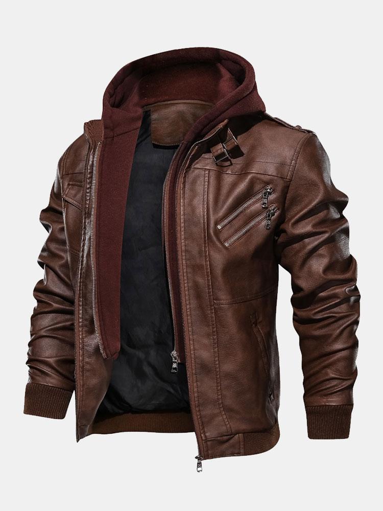 Veste en cuir PU à capuche amovible et fermeture éclair