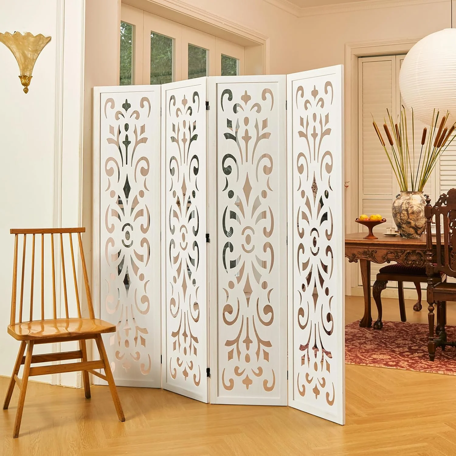 5.6ft Room Divider Folding Wood Classical Carved Partition Screen for Home Office Garden - 4 Panels (White)