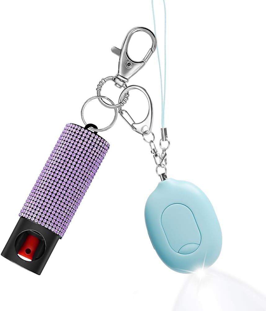 Door Stop Alarm,Door Alarm When Opened Travel,130DB Extra alarming with LED Flashlight & Pepper Gel Combo Set for Women self Defense,USB rechargeble mini Keychain (Blue & Purple)