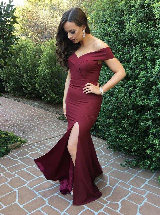 Mermaid Off-the-Shoulder Burgundy Simple Prom Dress with Split DMI93