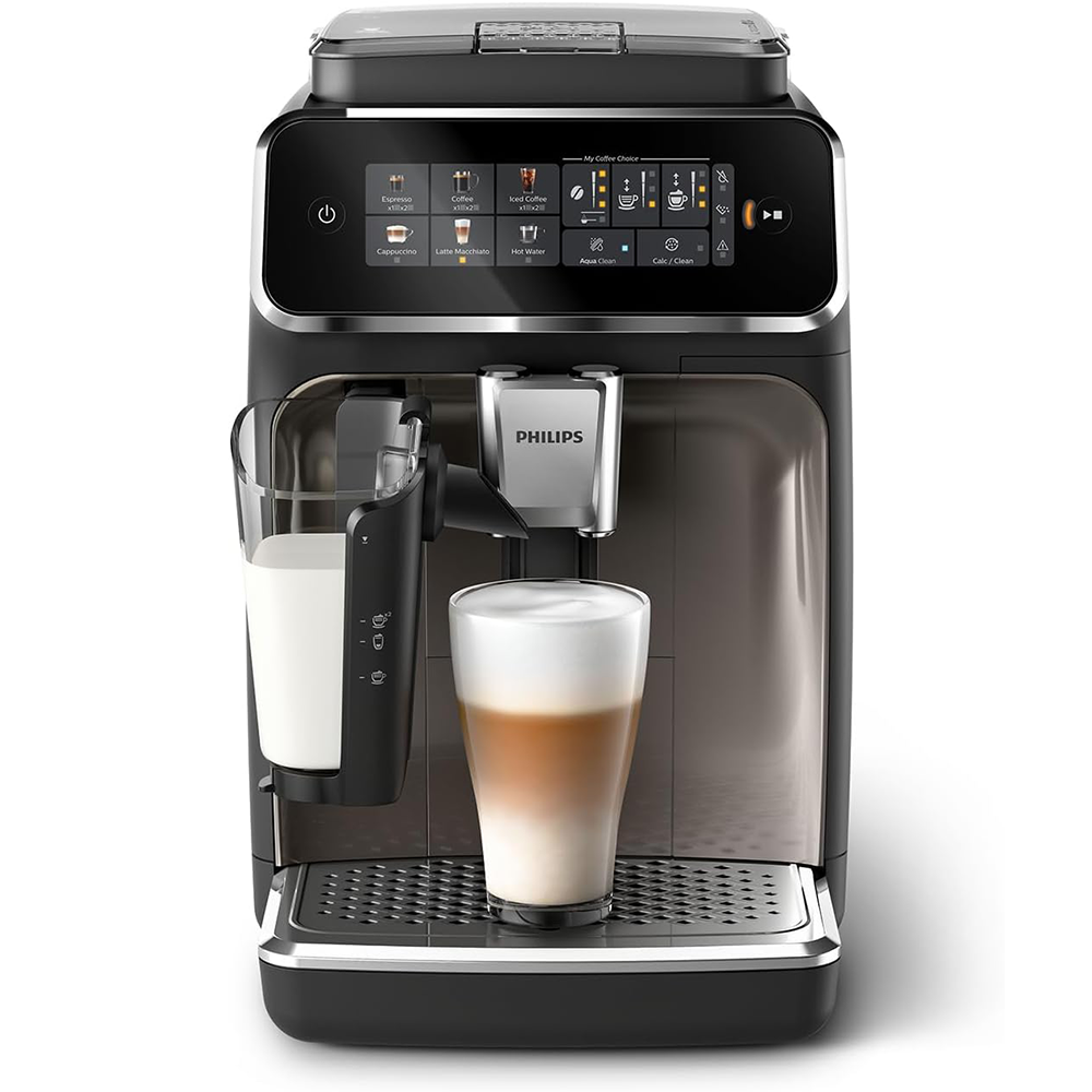 Machine à expresso entièrement automatique Philips série 3300 - 6 boissons, écran tactile couleur moderne, système de lait LatteGo, SilentBrew, broyeur 100 % céramique, filtre AquaClean, chrome noir (EP3347/90)