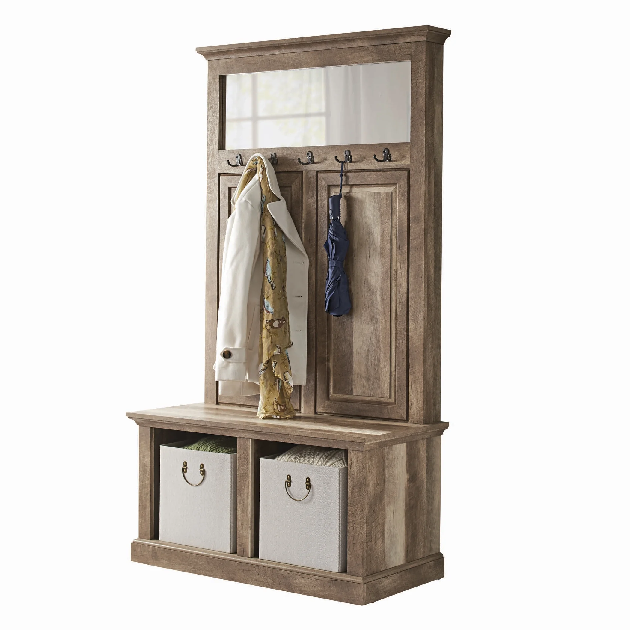 Better Homes  Gardens Crossmill Hall Tree Storage Bench, Weathered Finish