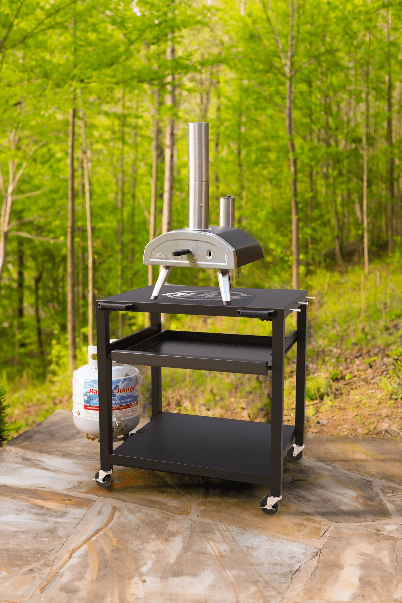 Three Shelf Heavy Duty Rolling Outdoor Pizza Oven Table, 24" x 30" Steel Commercial Multifunctional Food Prep Worktable on Wheels