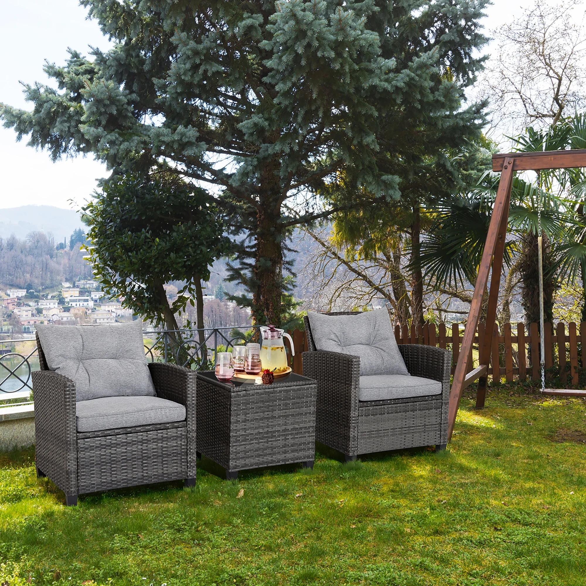 3PCS Patio Rattan Sofa Set Outdoor Wicker Conversation Set Glass Tabletop w/ Grey Cushion - Image 10