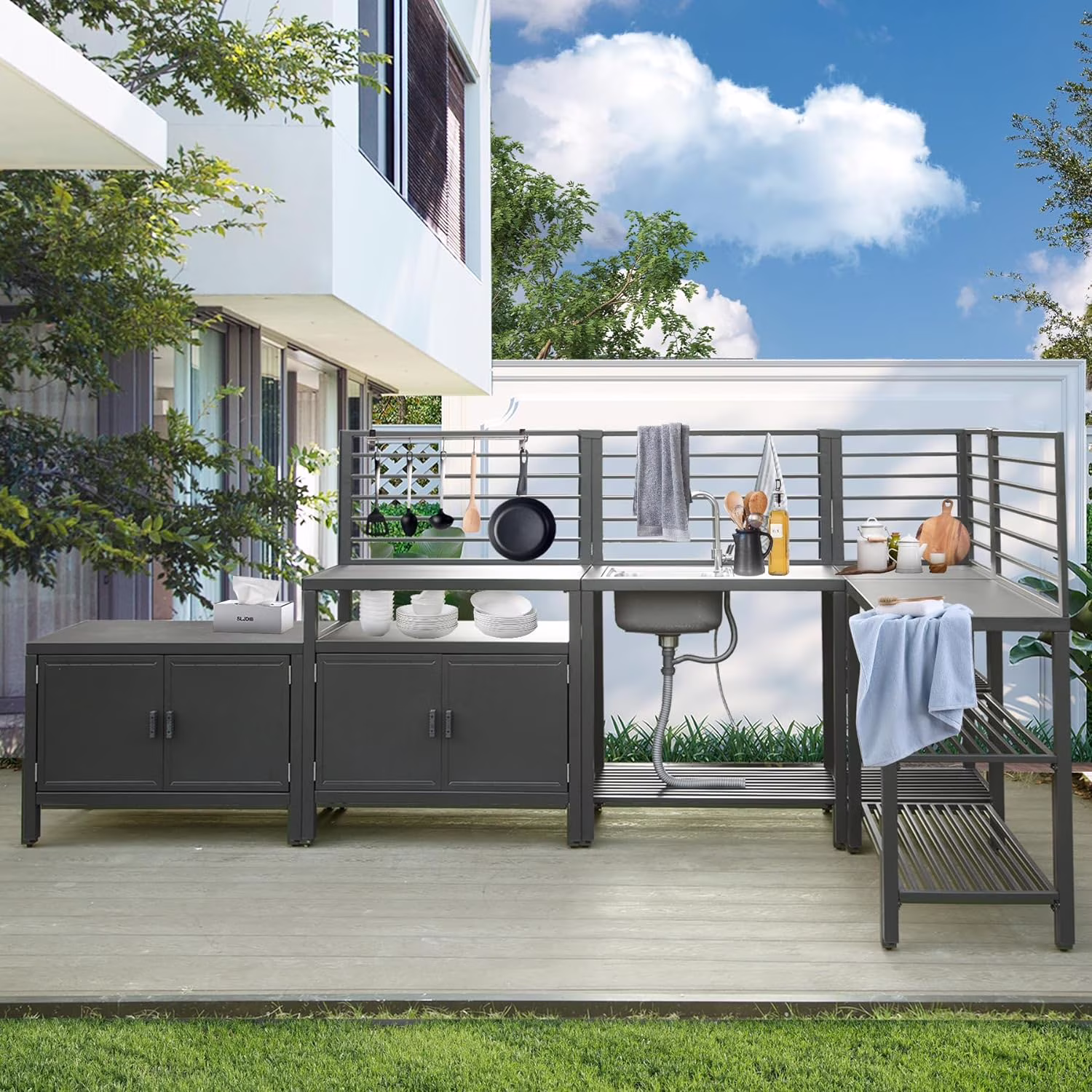 Outdoor Kitchen Series 5-Piece Modular Outdoor Kitchen, Aluminum Storage Islands Sink Table, Corner Bar Cabinet Grill Storage Cabinet with Protective Cover, Outdoor Kitchen for Deck, Patio, Backy(5-Pieces Set)