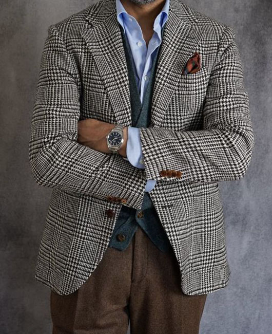 Blazer à revers cranté, style business casual, simple boutonnage, motif pied-de-poule