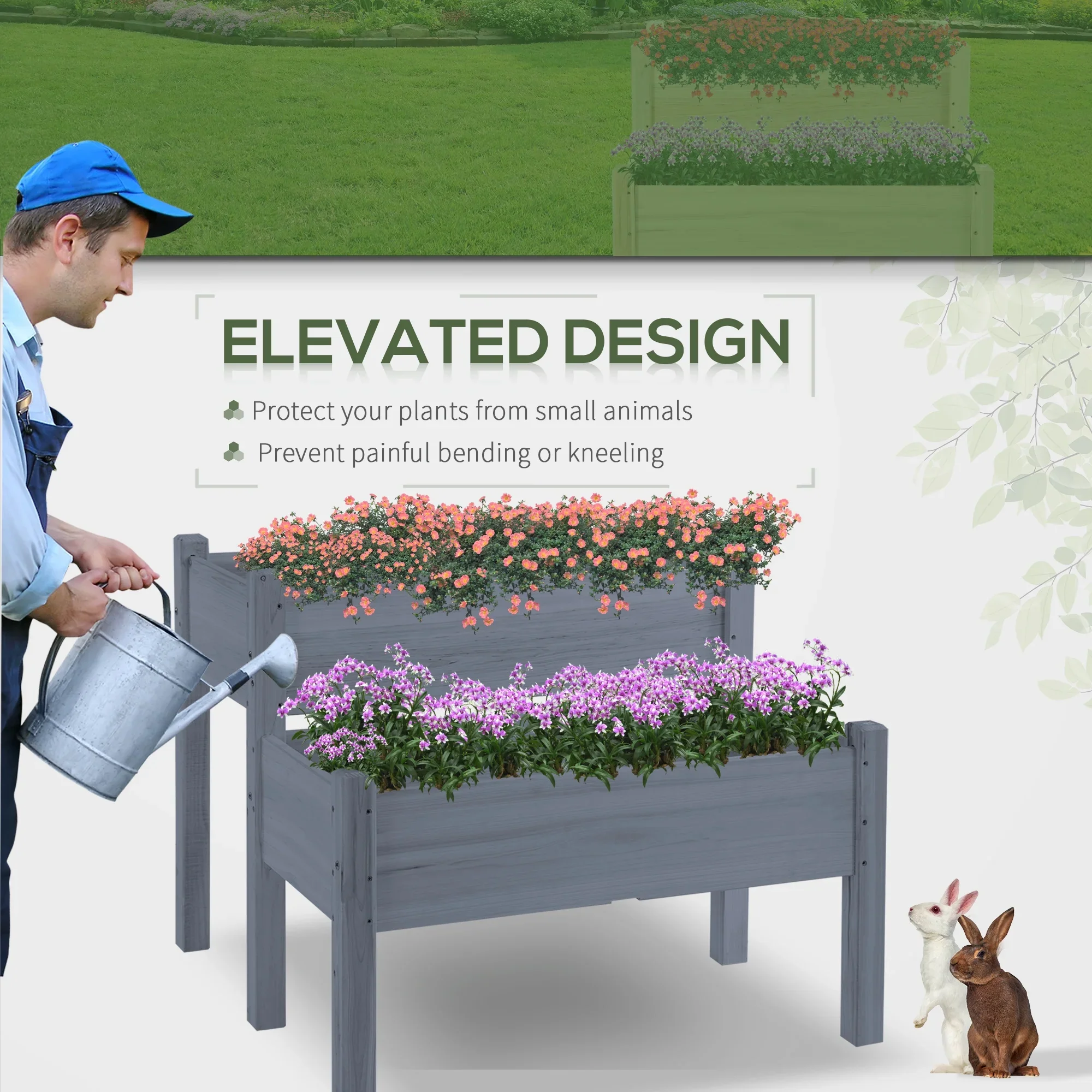 QISHENSHUI 2-Tier Raised Garden Bed 34x34x28 �C Elevated Wood Planter Stand with Deep Grow Box for Healthy Root Development & Back-Friendly Gardening, Gray